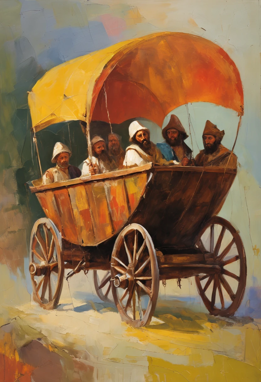 A covered medieval wagon, Adventurers around the wagon, people standing around the wagon, men standing,