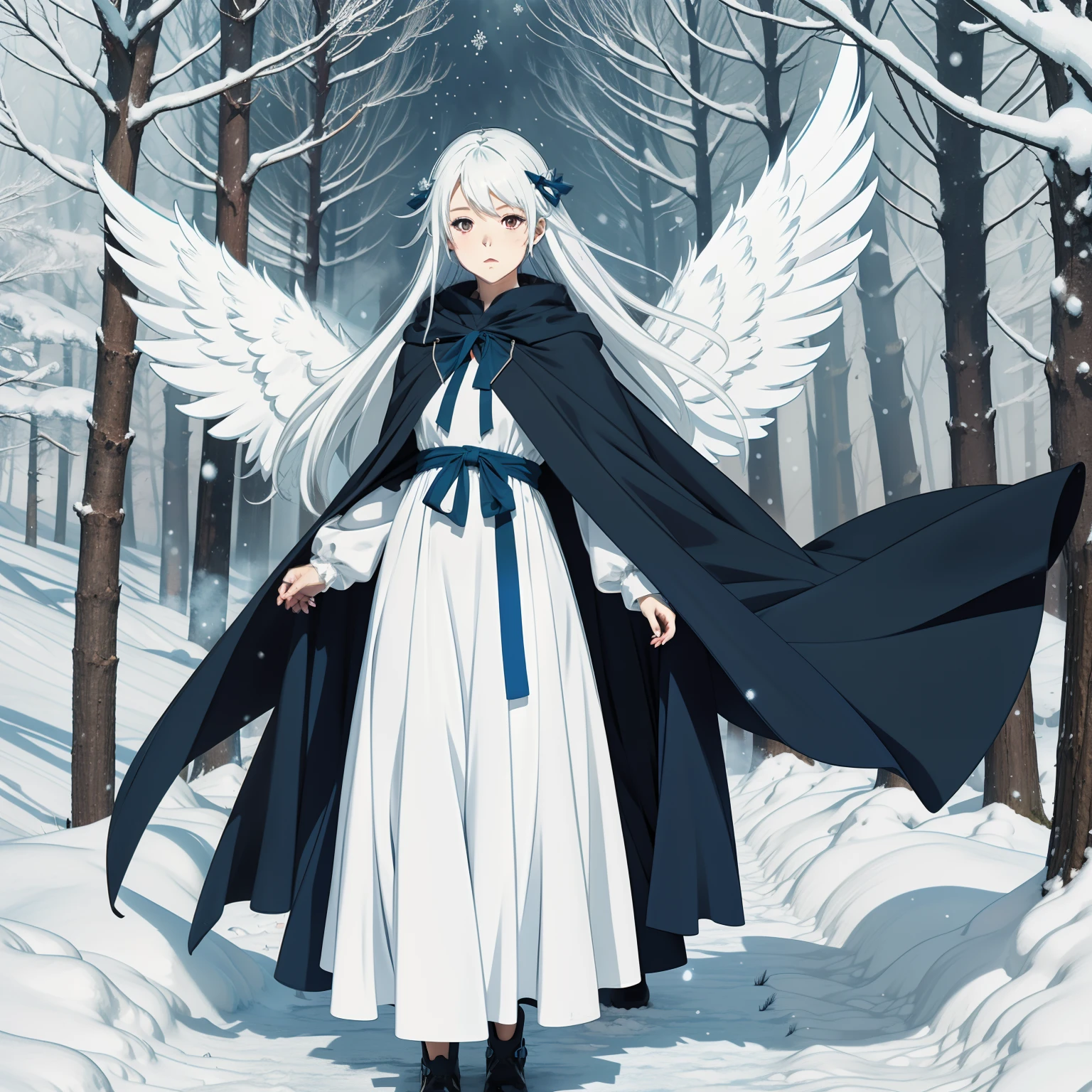 Long white hair,red eye,angel with blue wing,blue long dress,winter forest,cute anime girl,winter cape, mist around her