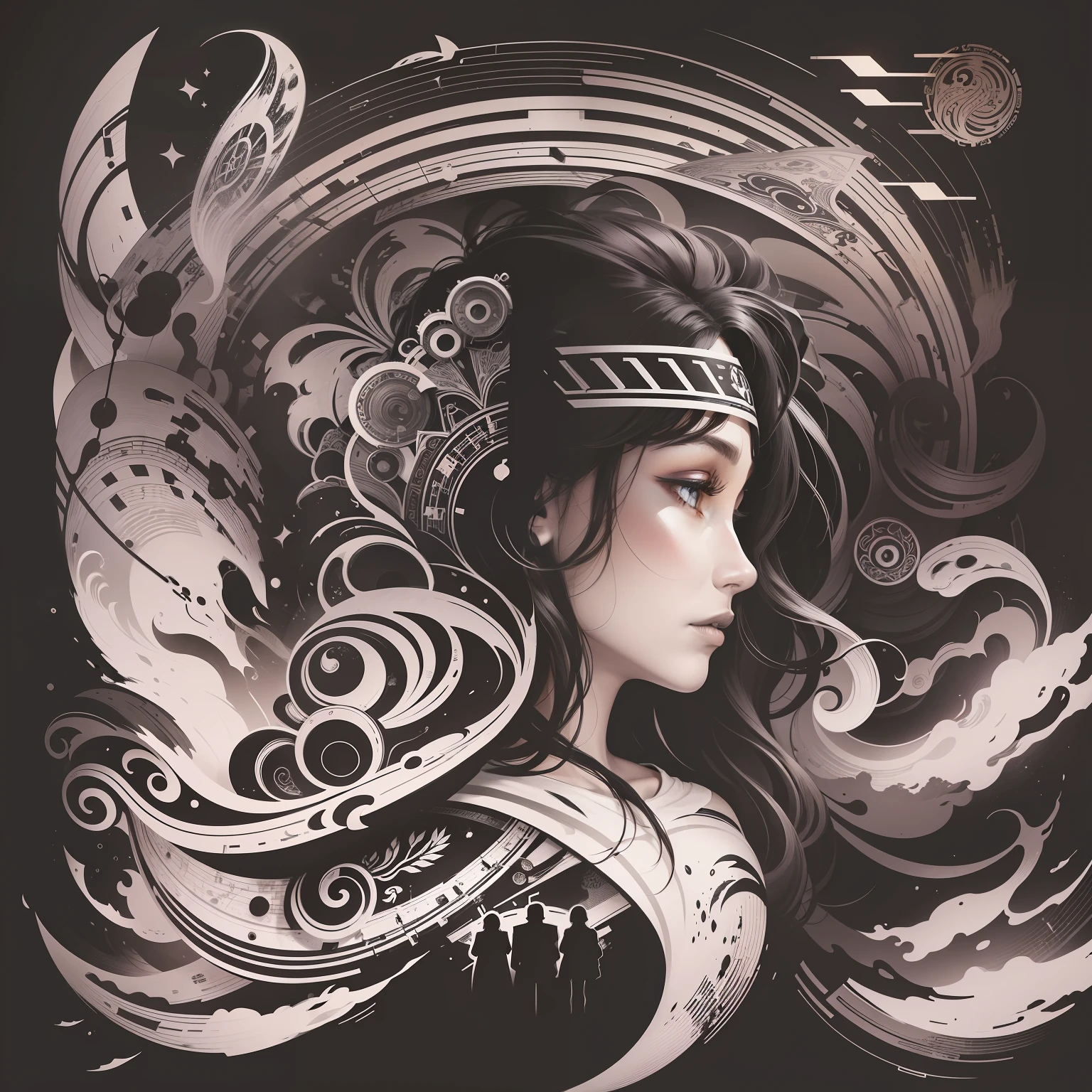 Create a cinematic, Abstract symbol of a film production company based on story and music. The logo conveys a fantasy theme、Indigenous women、black-and-white