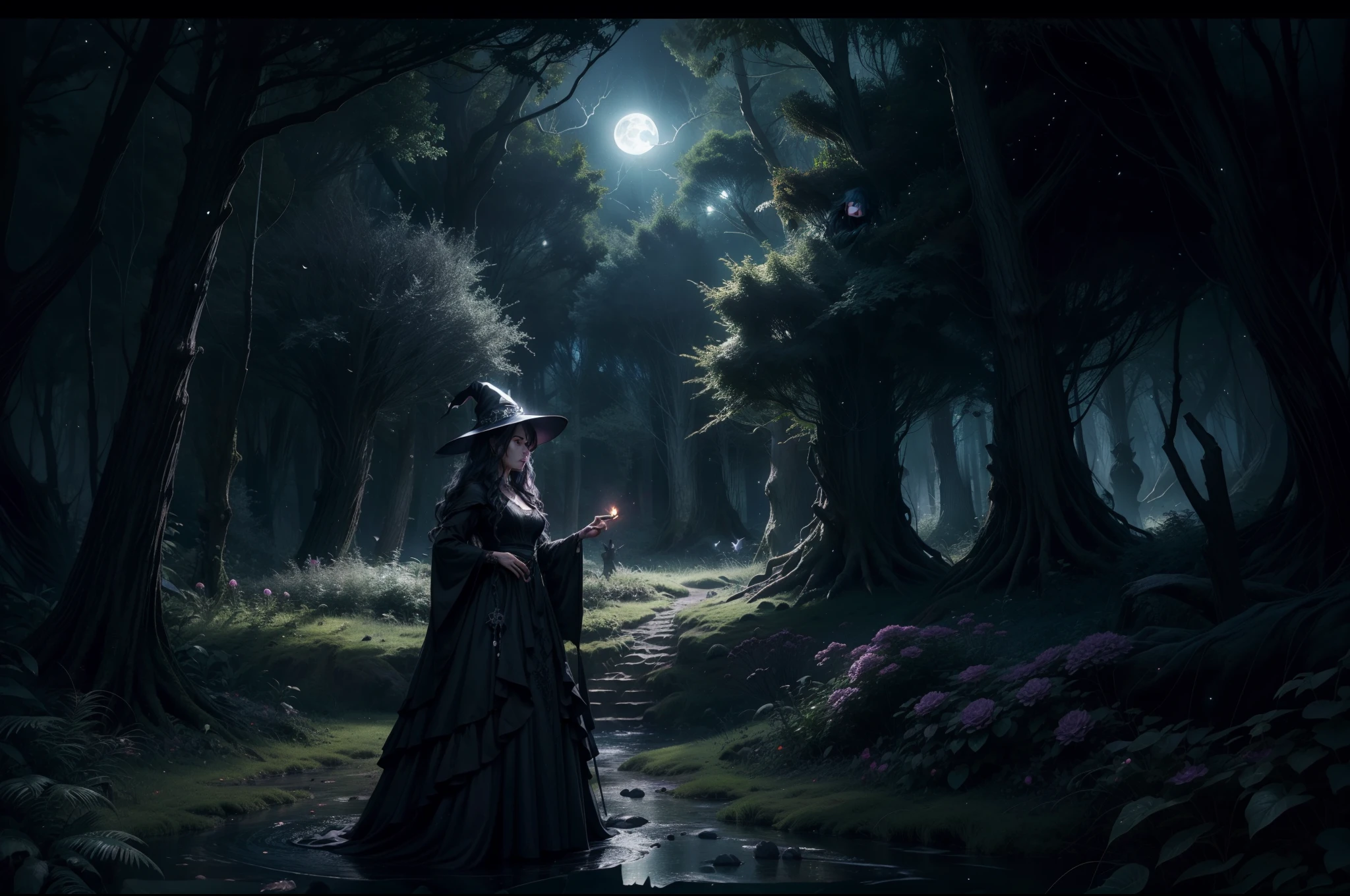 A witch in a garden in the woods. She cooks a magic potion on a big cauldron over a camp fire. She wears a multilayered dress black and dark purple fabric with silver embellishments. Long messy wavy hair in dark colour, big dark pointed ha. She is surrounded by a swarm of varieties moths and bats of different shapes and tones. Dynamic image. Magical dark flowery forest as background, night, stormy, moonlight filtering through the trees. Realistic.