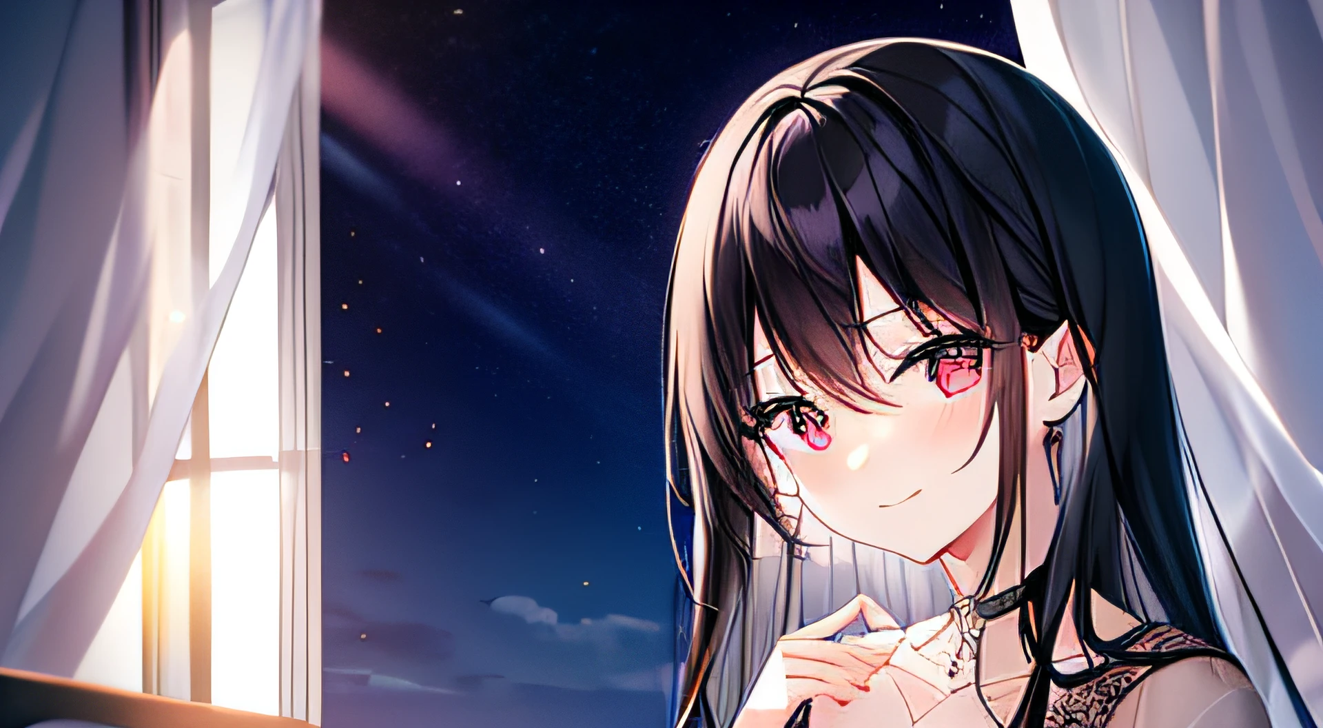 Best quality at best，tmasterpiece，Straight black hair, Mature female, in night gown wearing, blusher, sitting beside the window, In a gorgeous room, natta，ssmile