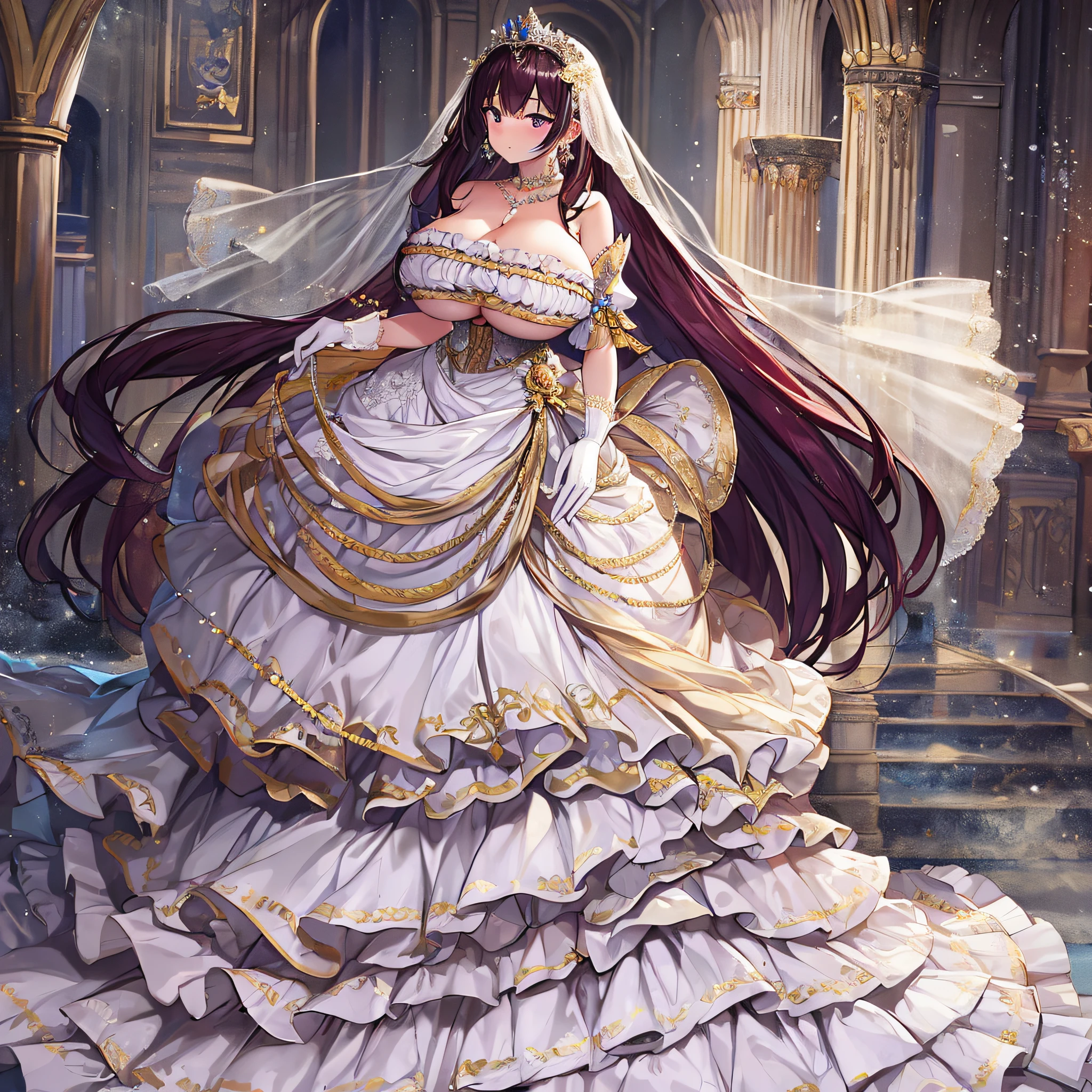 anime artstyle,Best quality, Masterpiece,Solo,full body,1 princess as a royal bride wearing a stately and elaborate royal wedding dress of white satin and tulle adorned with huge ribbon,(gigantic tits,Long tits,skindentation),(rarge amount of straight hair,extremely Long voluminous Hair),lace, frills,gorgeous embroidery and jewels, with enormous puffed sleeves, an hourglass waist and a voluminous crinoline hoopskirt,long train, long white gloves, pearl necklace and earrings,long wedding veil