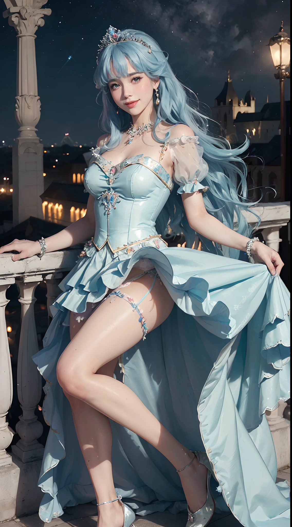 {{{masterpiece}}}, {{{best quality}}}, {{ultra-detailed}}, {{an extremely delicate and beautiful}},(nsf), (Best quality, 8k, 32k, Masterpiece, UHD:1.2),Photo of Pretty girl, top quality, best quality, realistic, unity, 8k wallpaper, official art,(best princess in the world:1.5),(Princess dress with lots of embellishments:1.5),(gorgeous tiara:1.3),(smile:1.3),(full-face blush:1.3),(sweaty skin:1.3),blue hair,(on the palace balcony at night:1.3),(dynamic pause:1.3),(full body:1.2),(skirt lift by myself:1.4),(Cotton panties:1.3),(panties shot:1.3)