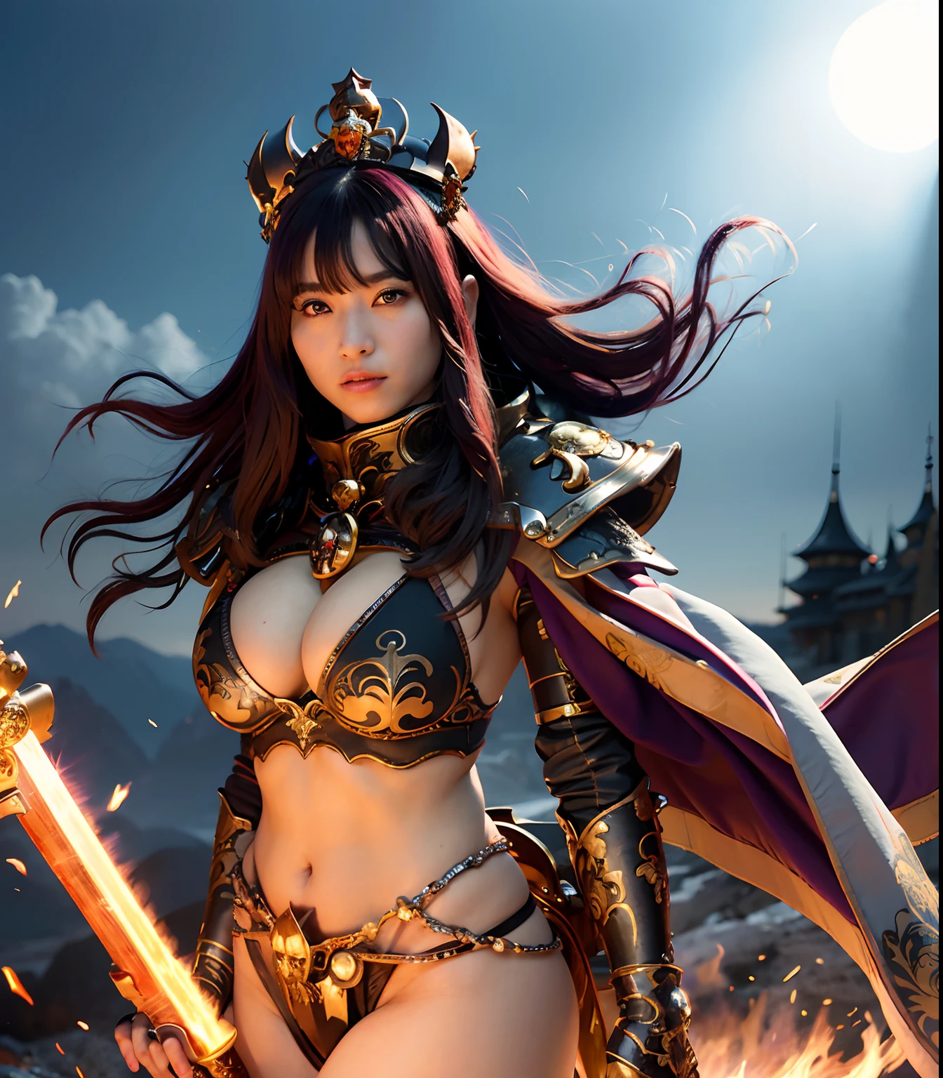 (masutepiece), Professional , masterpiece、top-quality、photos realistic , depth of fields (Dragon White Metal Body:1.9),(Matte purple、(cleavage of the breast)、Dragon Gold Weapon、(bikini-armor),Gorgeous gold weapons ,(( Dragon's dense and gorgeous sword)) , Beautiful knife ,warhammer 40k , adepta sororitas、((Purple hair))、(Castle background)、The dragon、((Gangle's forest background))、Beautiful Caucasian beauty、(1a person)、dynamic ungle,(((Detailed and ornate Black Devil Crown)))、Smaller head、Strange smile、Castle background、Thin and beautiful female hands、cleavage of the breast、Soldier in iron armor on background、Mystical expression、Light Effects、intense fighting、Wind-effect、magic circles、With the legendary magic wand、(demonic wings)、