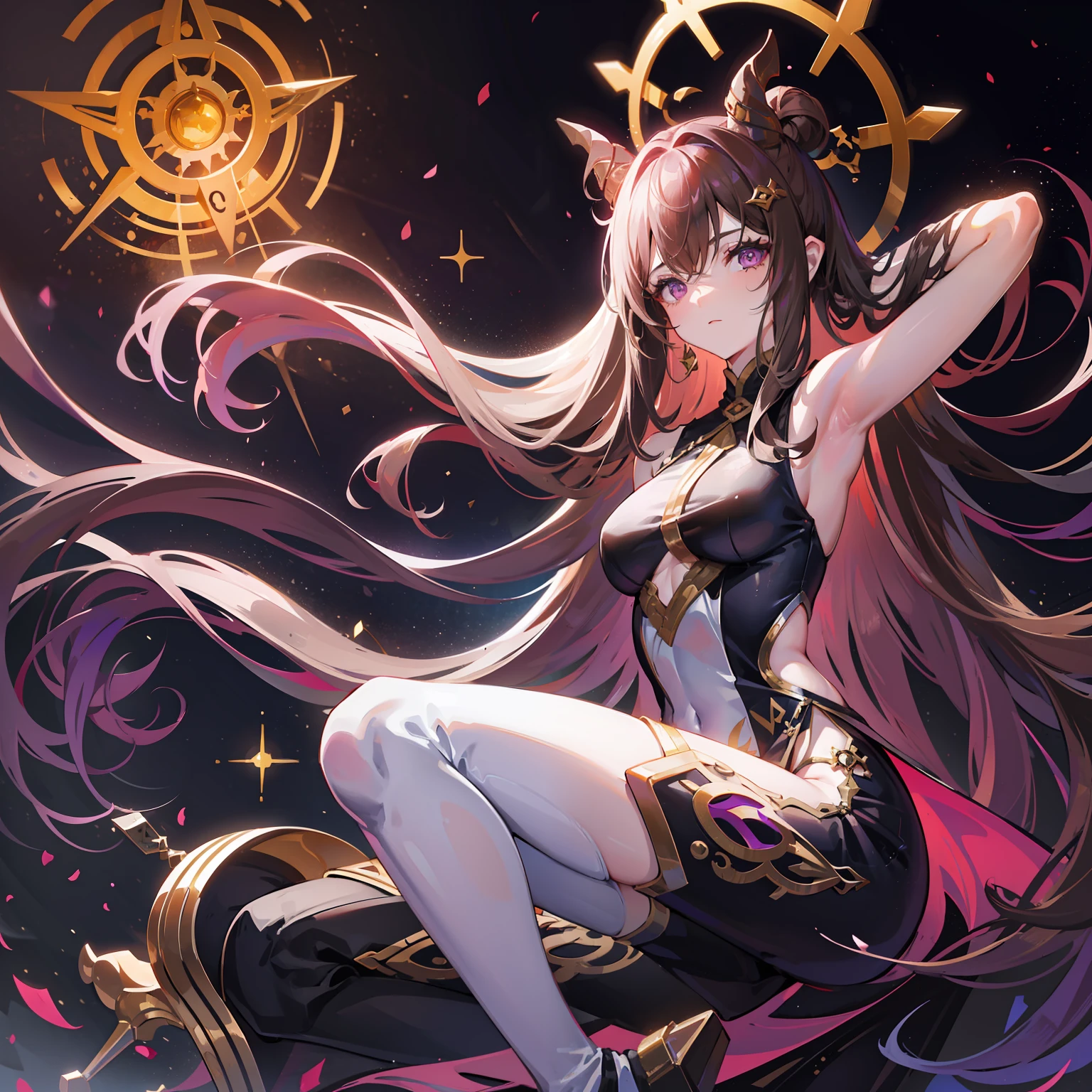 A girl, messy light brown long hair with a purple tint, dragon horns and tail, white and black Chinese dress with tight-fitting elements on her arms and legs, gold divine light, God's gaze, a circle behind her back, indifferent and cold gaze, light lipstick