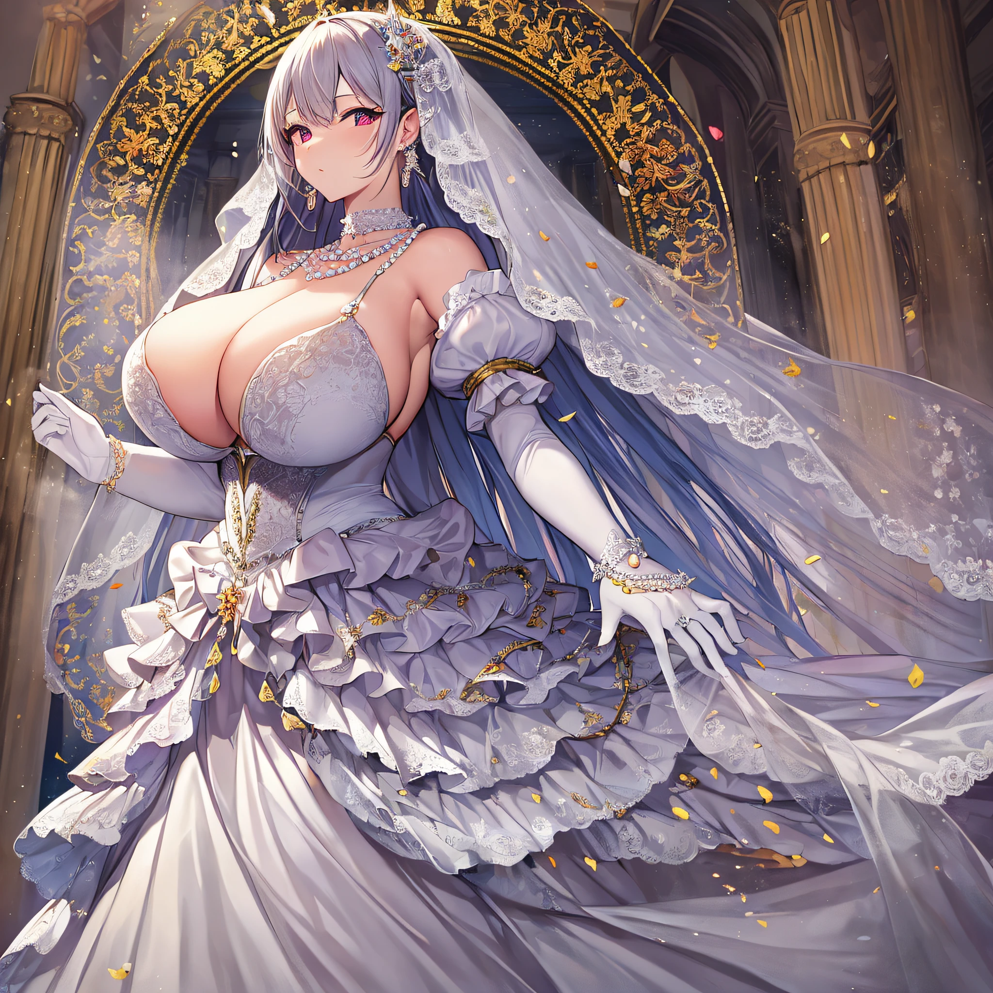 anime artstyle,Best quality, Masterpiece,Solo,full body,1 princess as a royal bride wearing a stately and elaborate royal wedding dress of white satin and tulle adorned with huge ribbon,(gigantic tits,Long tits,skindentation),(rarge amount of straight hair,extremely Long voluminous Hair),lace, frills,gorgeous embroidery and jewels, with enormous puffed sleeves, an hourglass waist and a voluminous crinoline hoopskirt,long train, long white gloves, pearl necklace and earrings,long wedding veil