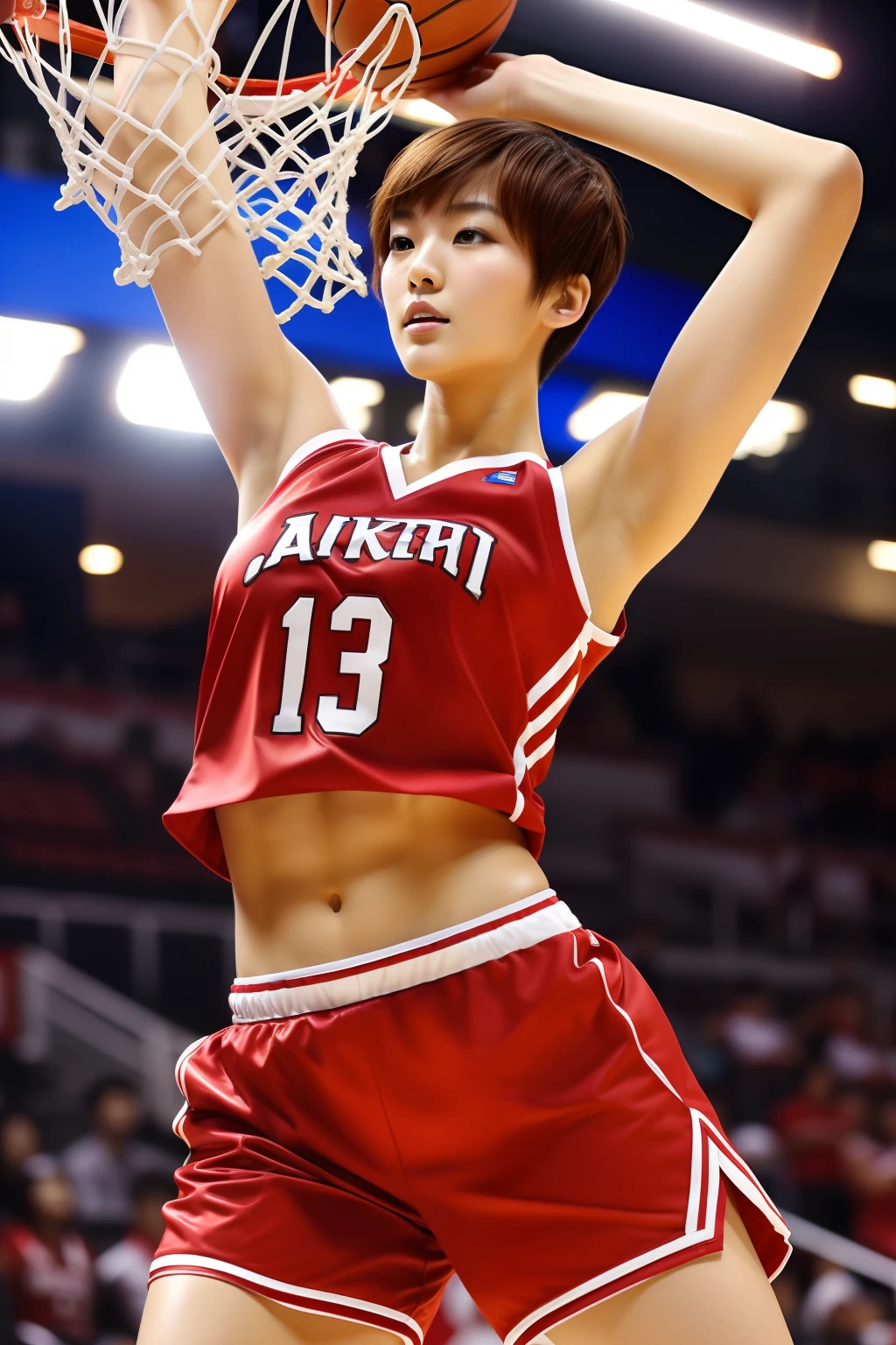 ((masterpiece、top-quality、8K)Beautiful Japan Woman、bustshot、Brown short-cut hair、Basketball Dunk Scoring、Red Basketball Uniform、Beautiful abs
