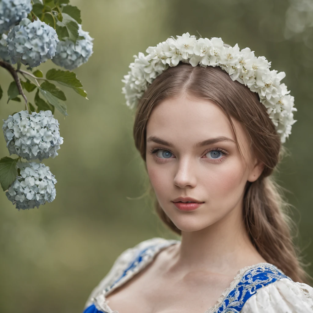 Beautiful Russian girl in traditional dress with blue eyes in the forest