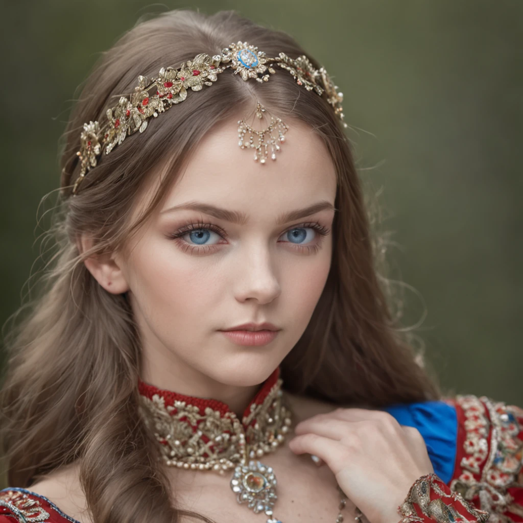 Beautiful Russian girl in traditional dress with blue eyes in the forest