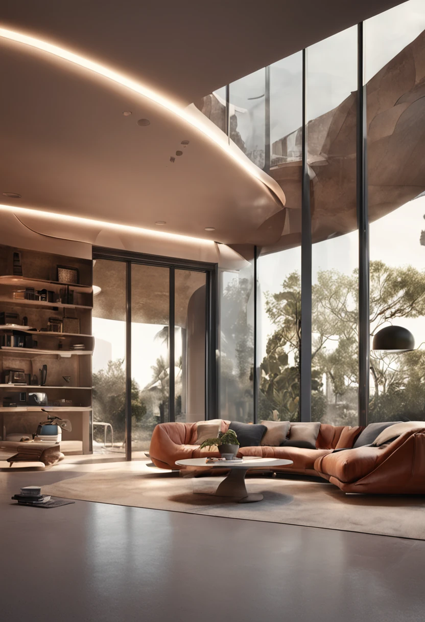 ((melhor qualidade)) , (( um homem, 30 anos)), standing in a detailed and immersive representation of the interior of a house, um home e uma mulher sentados. The perspective view reveals the spacious. Soft ambient lighting enhances futuristic design details, while large panoramic windows display a landscape. High-speed connectivity keeps characters connected.