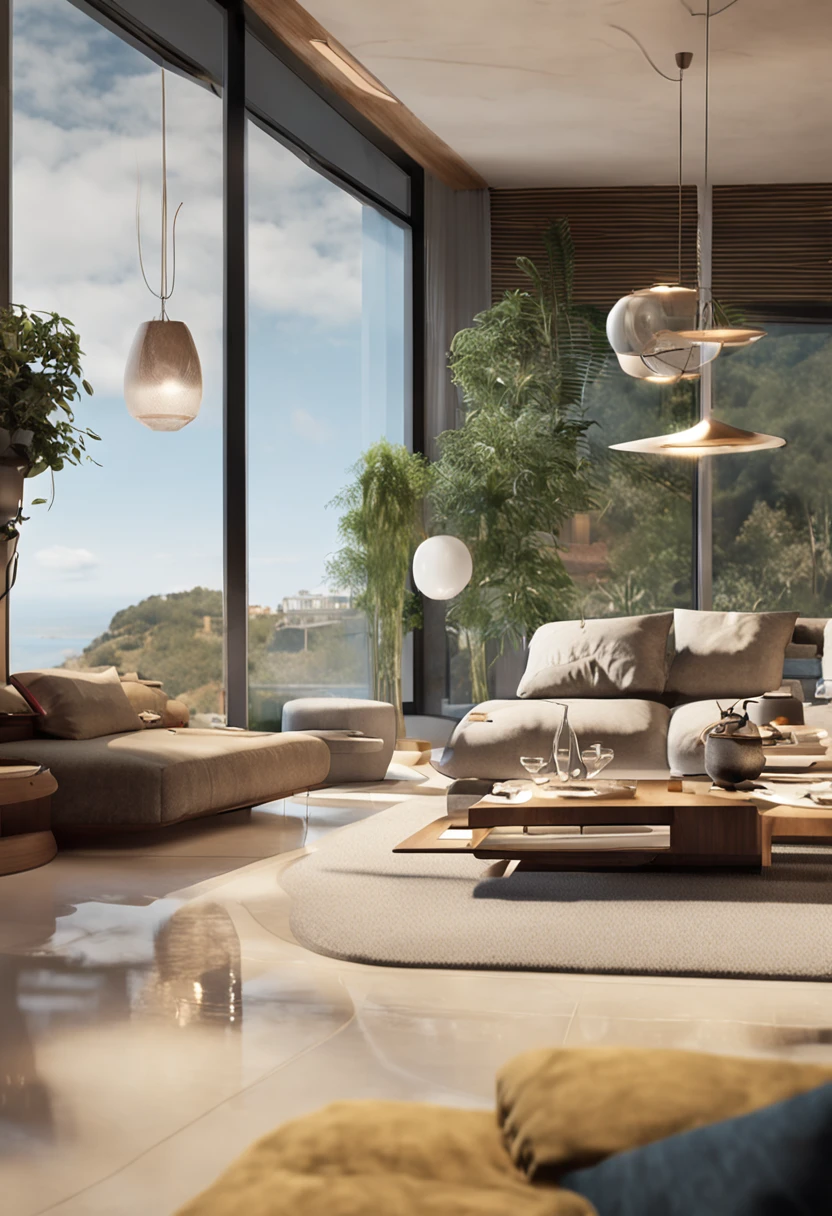 ((melhor qualidade)) , (( um homem, 30 anos)), standing in a detailed and immersive representation of the interior of a house, um home e uma mulher sentados. The perspective view reveals the spacious. Soft ambient lighting enhances futuristic design details, while large panoramic windows display a landscape. High-speed connectivity keeps characters connected.