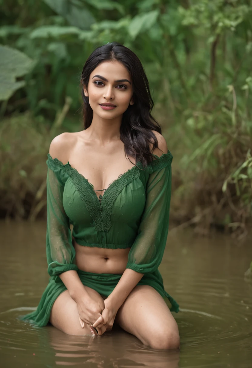 soft-lighting, A woman drowns on her thighs in a muddy swamp, a closeup of a, (Realistic fantasy rendering in a swamp:1.0), matte painting portrait photo, Realistic fantasy photography, (lust:9.0), mini open blouse, anusha hot photos in green lehen, indian super model, with a seductive smile, very beautiful enga style, very pretty model, beautiful and smiling, candid picture, with a beautifull smile, cute seductive smile, very seductive pose, modeling shoot, seductive smile, lovely smile, traditional beauty, with lovely look, candid photo, female camila mendes