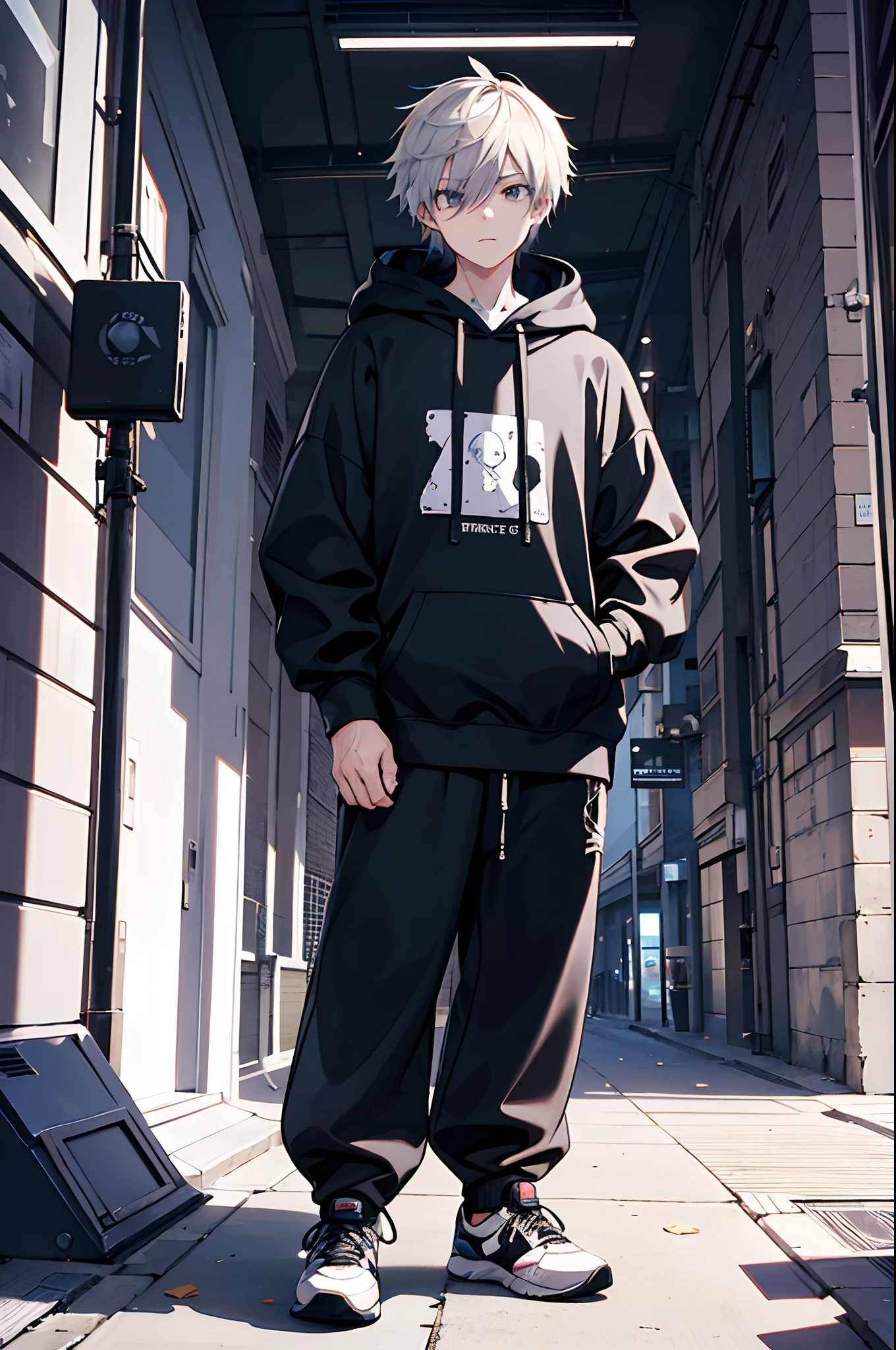 A man wearing a stylish hoodie and sneakers with long pants, his intense black eyes captivating the viewer. He stands in the midst of a bustling cityscape, captured with a fisheye lens effect.