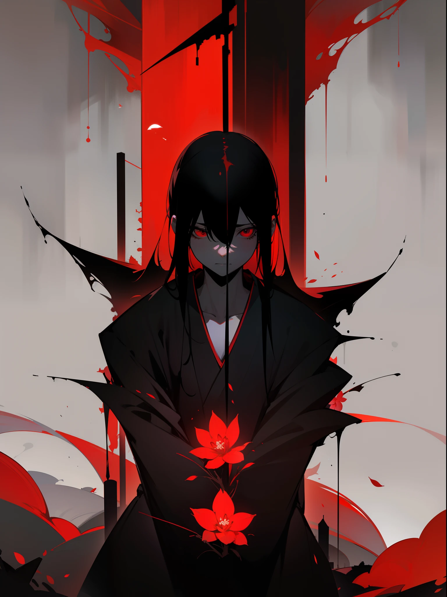 a dark night、Under red, 、Silent death。In illusions、End of time、florals、Black and Red World、A Japanese style、Top image quality、A black、hopelessness、Colorful black