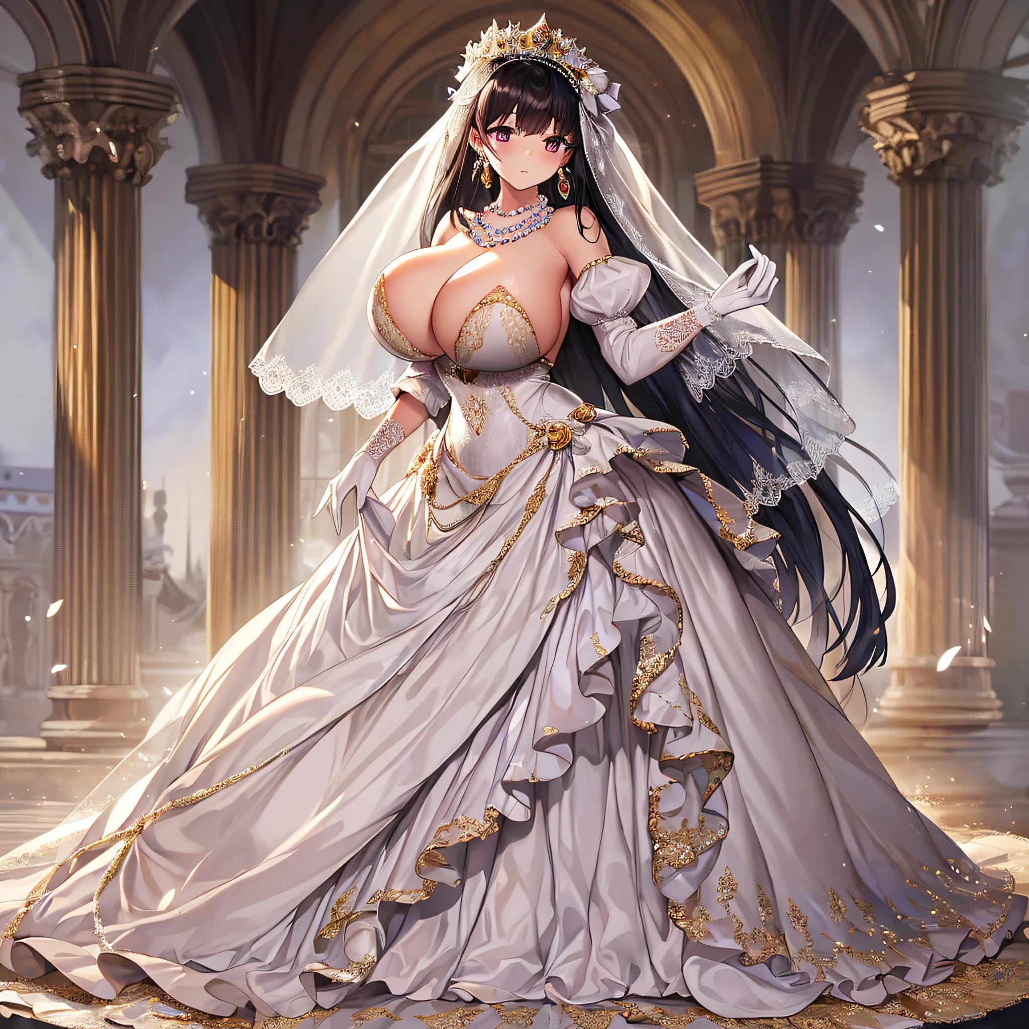 anime artstyle,Best quality, Masterpiece,Solo,full body,1 princess as a royal bride wearing a stately and elaborate royal wedding dress of white satin and tulle adorned with huge ribbon,(gigantic tits,Long tits,skindentation),(rarge amount of straight hair,extremely Long voluminous Hair),lace, frills,gorgeous embroidery and jewels, with enormous puffed sleeves, an hourglass waist and a voluminous crinoline hoopskirt,long train, long white gloves, pearl necklace and earrings,long wedding veil