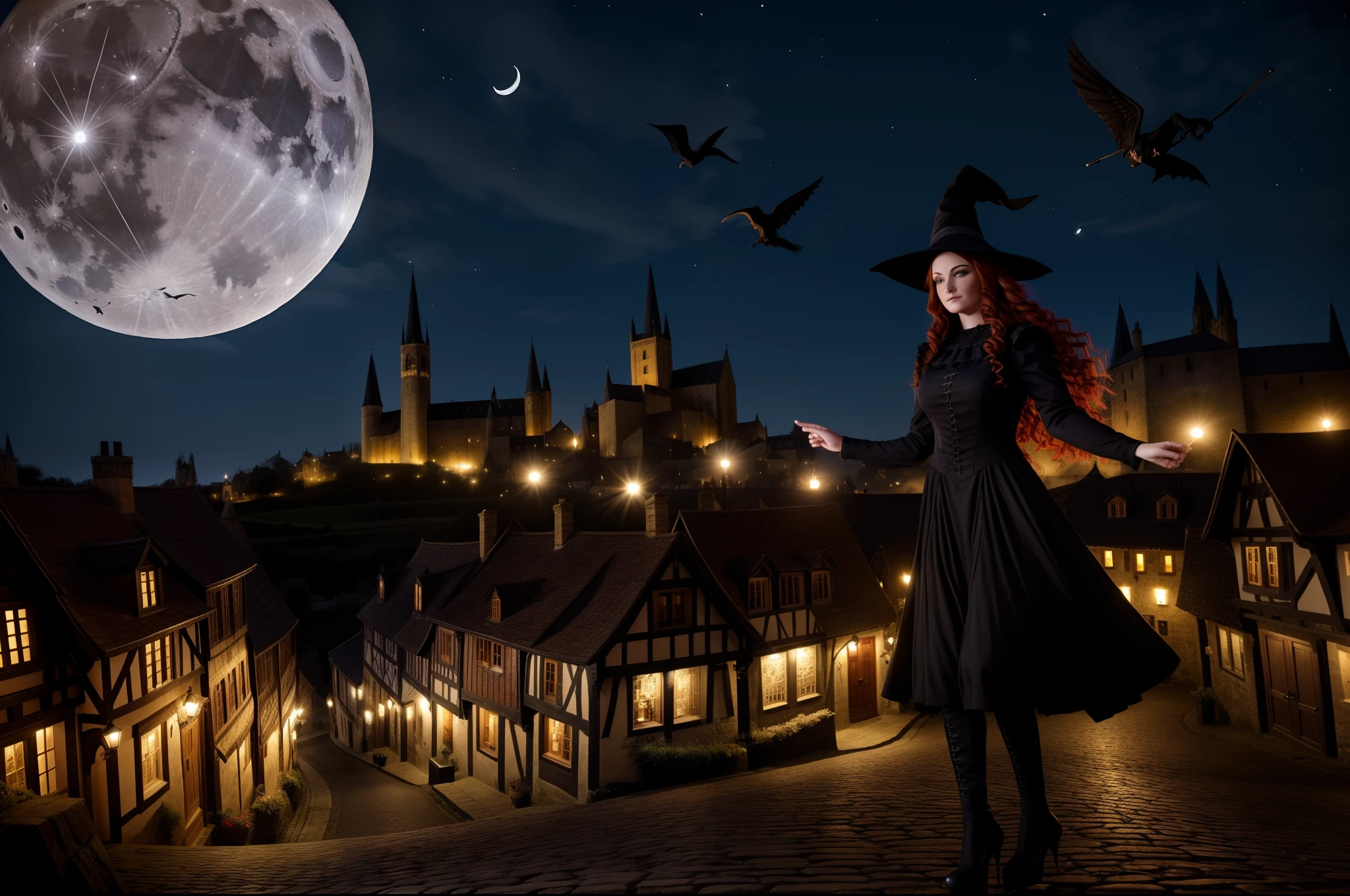A witch flying over a Medieval town in a broom. She wears a ponty hat, multilayered dress in dark colors, wavy messy red hair, gothic make-up. Full Moon night, medieval town as background. Illuminated by moonlight and lamps in the town.