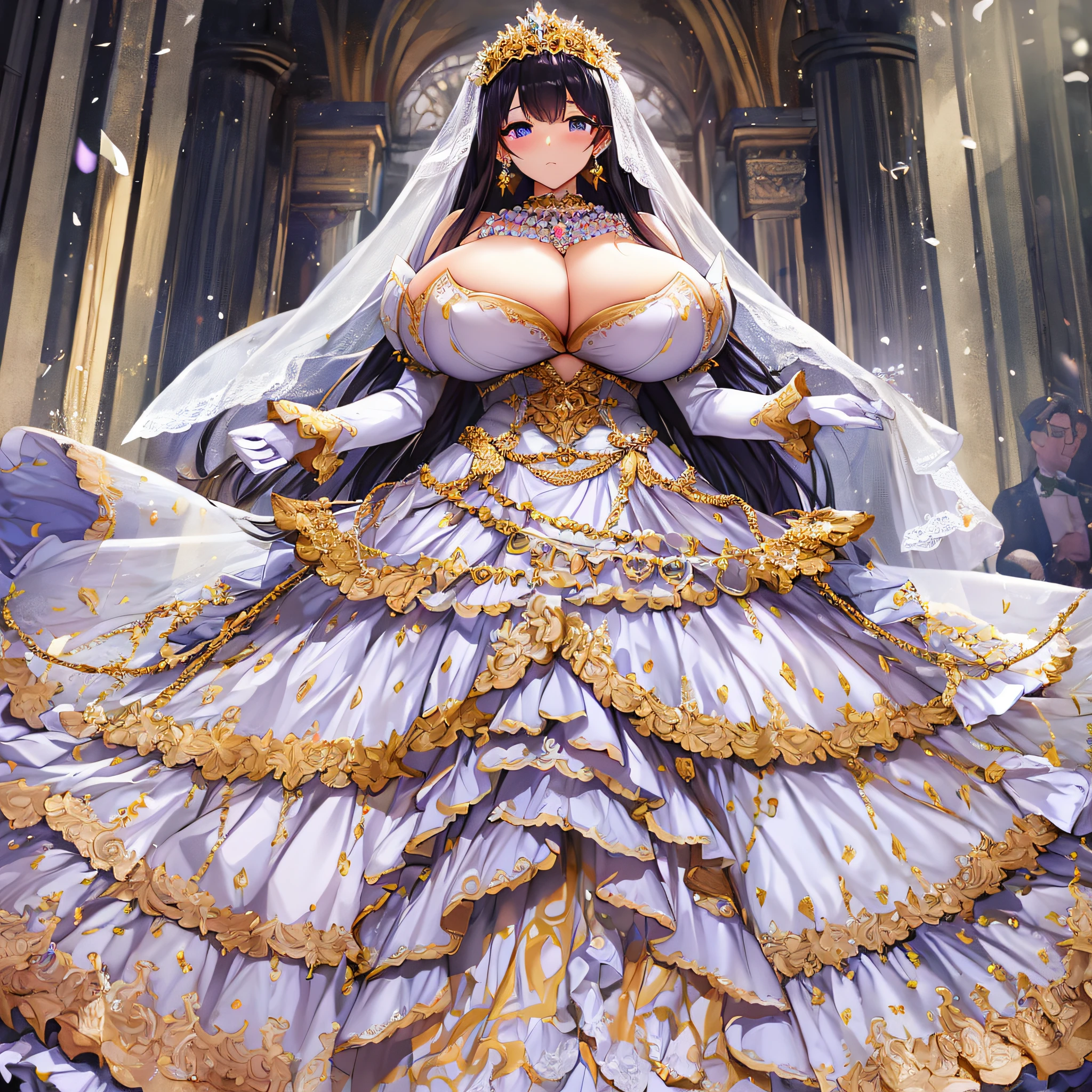 anime artstyle,Best quality, Masterpiece,Solo,full body,1 princess as a royal bride wearing a stately and elaborate royal wedding dress of white satin and tulle adorned with huge ribbon,(gigantic tits,Long tits,skindentation),(rarge amount of straight hair,extremely Long voluminous Hair),lace, frills,gorgeous embroidery and jewels, with enormous puffed sleeves, an hourglass waist and a voluminous crinoline hoopskirt,long train, long white gloves, pearl necklace and earrings,long wedding veil