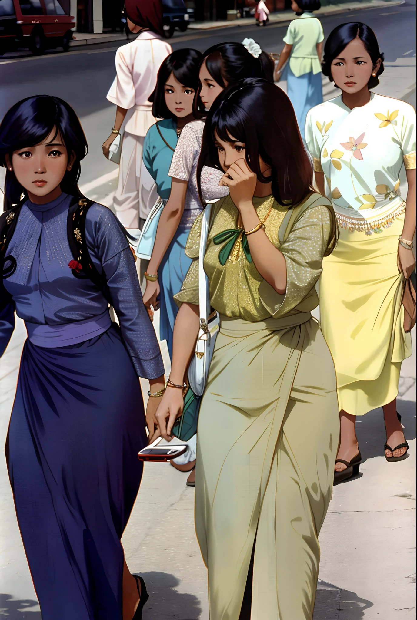 several women walking down a street talking on cell phones, 1970s Burmese, late 1 9 6 0's, 7 0 s street photography, historical image, photo from the 70s, photo from the 7 0 s, historical picture, colorized, scary picture in color, color 1970, 1960s orientalism