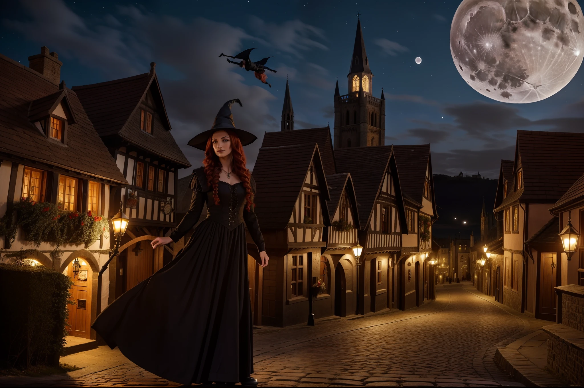 A witch flying over a Medieval town in a broom. She wears a ponty hat, multilayered dress in dark colors, wavy messy red hair, gothic make-up. Full Moon night, medieval town as background. Illuminated by moonlight and lamps in the town.