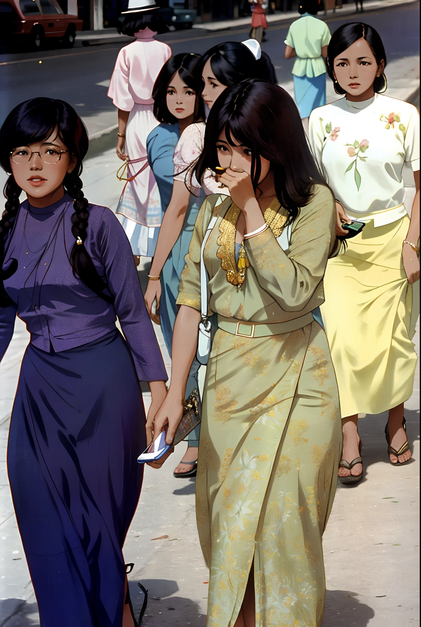 several women walking down a street talking on cell phones, 1970s Burmese, late 1 9 6 0's, 7 0 s street photography, historical image, photo from the 70s, photo from the 7 0 s, historical picture, colorized, scary picture in color, color 1970, 1960s orientalism