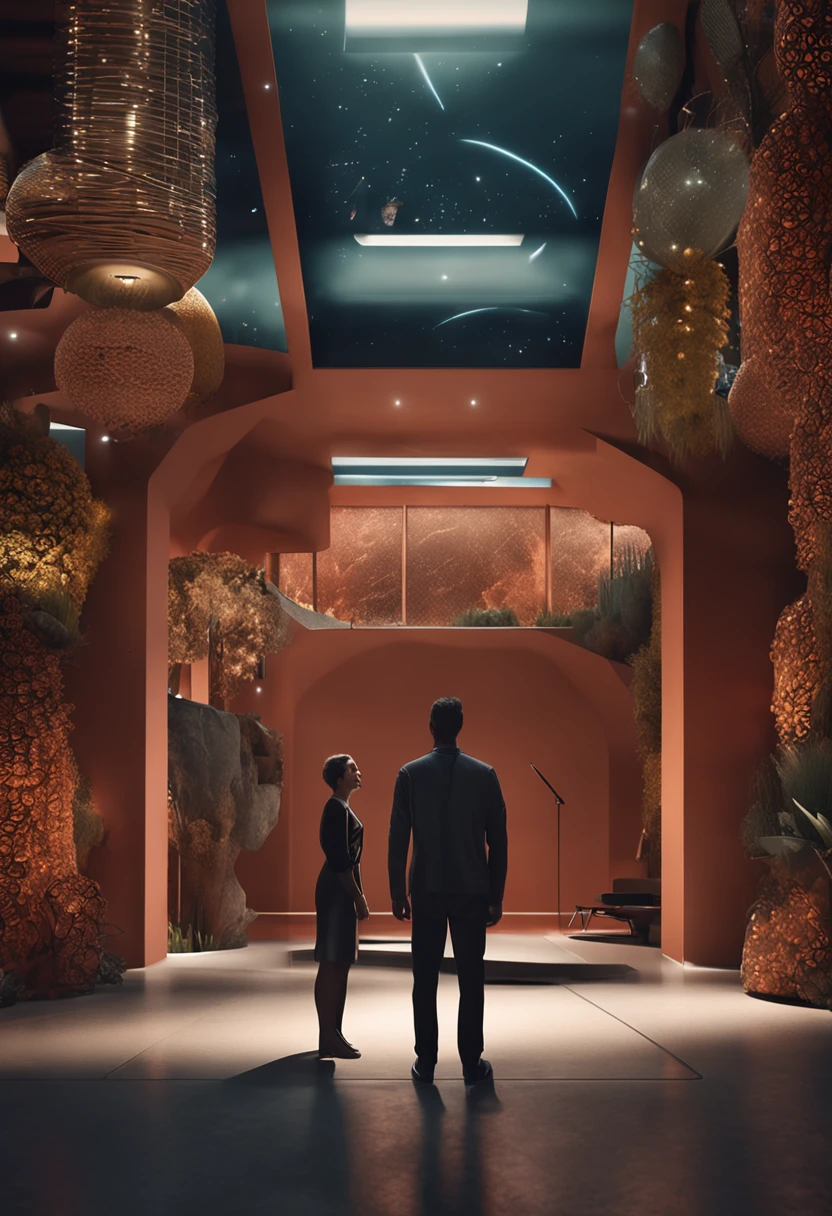 ((melhor qualidade 16:9)) , (( um homem, 30 anos)), standing in a detailed and immersive representation of the interior of a house, um home e uma mulher sentados. The perspective view reveals the spacious. Soft ambient lighting enhances futuristic design details, while large panoramic windows display a landscape.