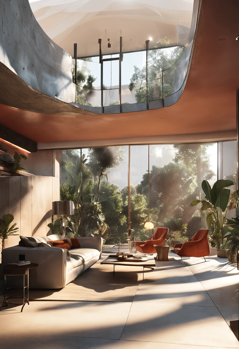 ((melhor qualidade 16:9)) , (( um homem, 30 anos)), standing in a detailed and immersive representation of the interior of a house, um home e uma mulher sentados. The perspective view reveals the spacious. Soft ambient lighting enhances futuristic design details, while large panoramic windows display a landscape.