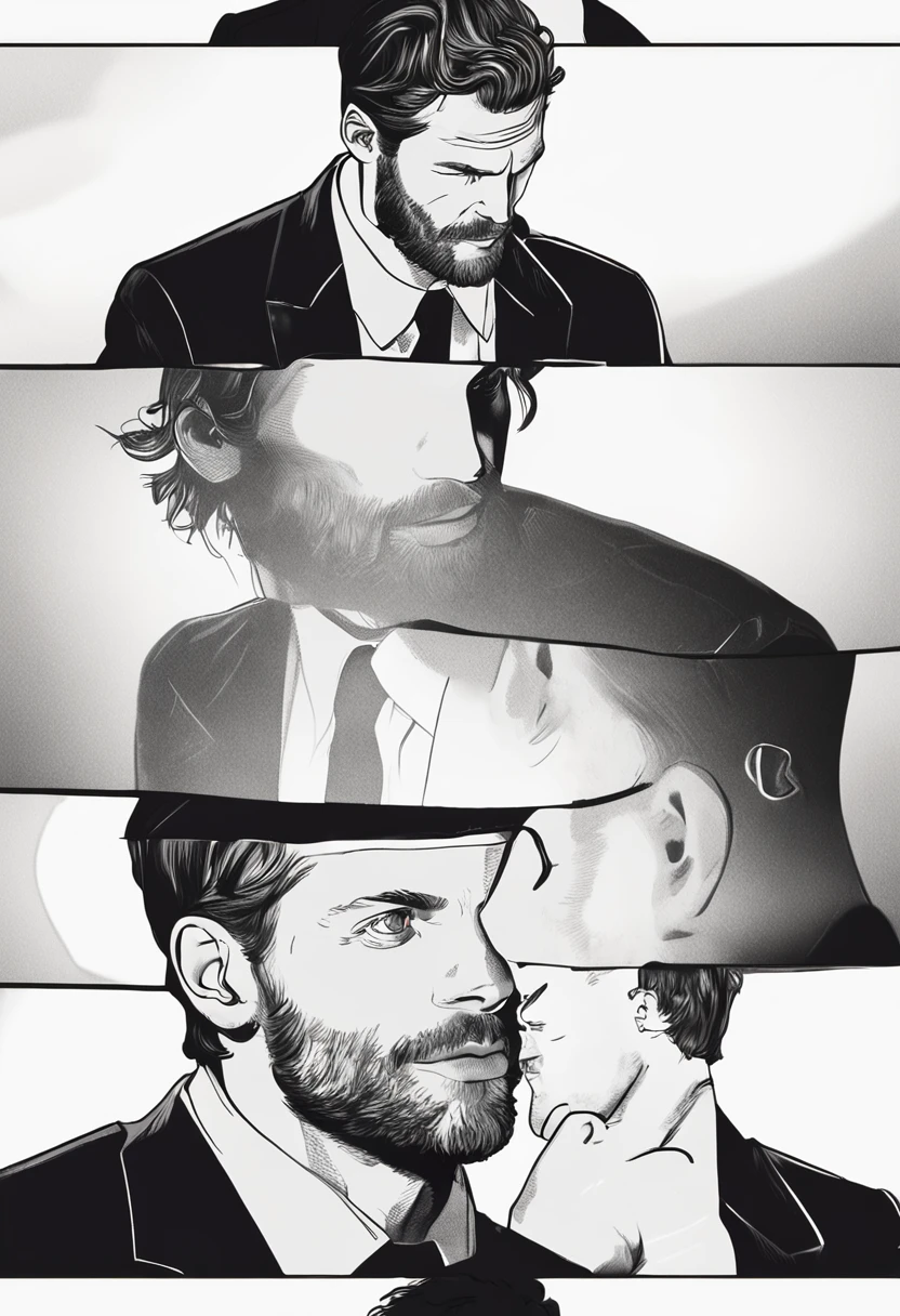 (Man wearing black suit without tie), ), (wearing beard,) attractive and serious look, short dark hair, stylish and elegant, shaved and strong body fitted in the suit, show body, man similar to actor jamie dornan, (high quality and realistic image), in the background of the dark black image and lights, cinematic style, ((Best quality, 8k, Masterpiece).