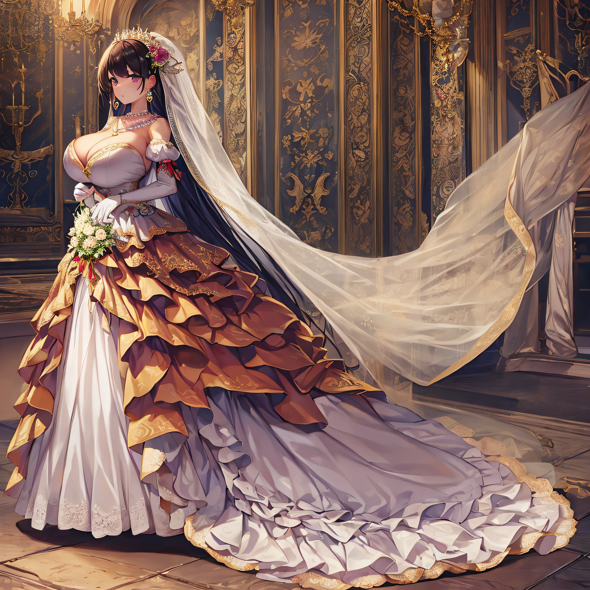 anime artstyle,Best quality, Masterpiece,Solo,full body,1 princess as a royal bride wearing a stately and elaborate royal wedding dress of white satin and tulle adorned with huge ribbon,(gigantic tits,Long tits,skindentation),(rarge amount of straight hair,extremely Long voluminous Hair),lace, frills,gorgeous embroidery and jewels, with enormous puffed sleeves, an hourglass waist and a voluminous crinoline hoopskirt,long train, long white gloves, pearl necklace and earrings,long wedding veil