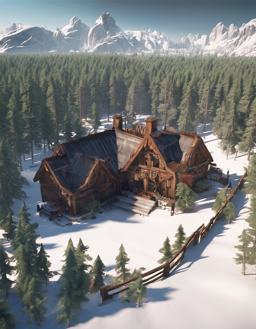 game footage,isometry,Pixel play style,pixal style,forest, asgard, norway,building exterior,in a panoramic view,depth of fields,high light,Real light,Ray traching,oc rendered,Hyper-realistic,best qualtiy,8K,Works of masters,super-fine,Detailed pubic hair,