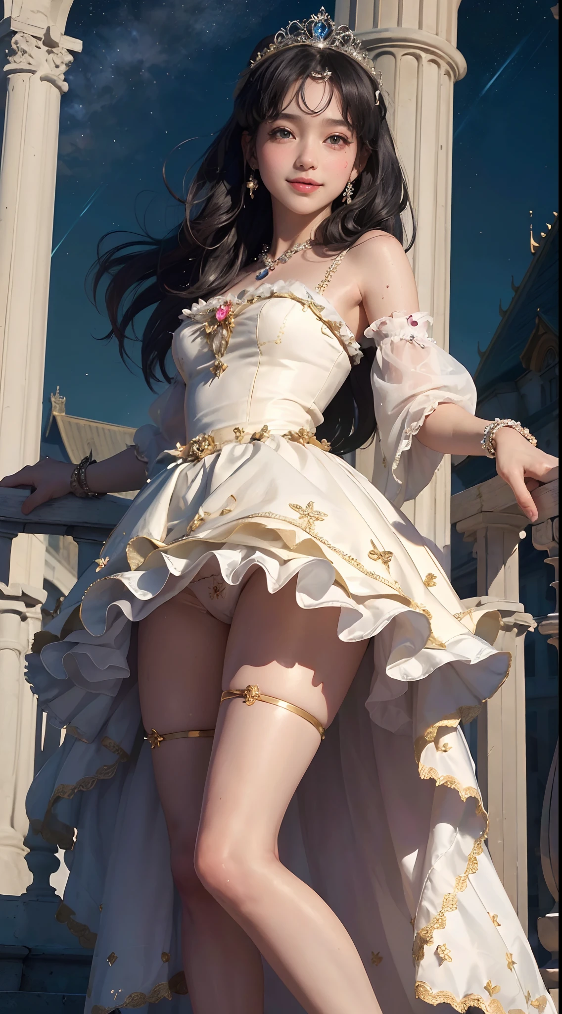 {{{masterpiece}}}, {{{best quality}}}, {{ultra-detailed}}, {{an extremely delicate and beautiful}},(nsf), (Best quality, 8k, 32k, Masterpiece, UHD:1.2),Photo of Pretty girl, top quality, best quality, realistic, unity, 8k wallpaper, official art,(),(Child),(best princess in the world:1.5),(Princess dress with lots of embellishments:1.5),(gorgeous tiara:1.3),(smile:1.3),(full-face blush:1.3),(sweaty skin:1.3),black hair,(on the palace balcony at night:1.3),(dynamic pause:1.3),(full body:1.2),(skirt lift by myself:1.4),(Cotton panties:1.3),(from below:1.3),(panties shot:1.3)