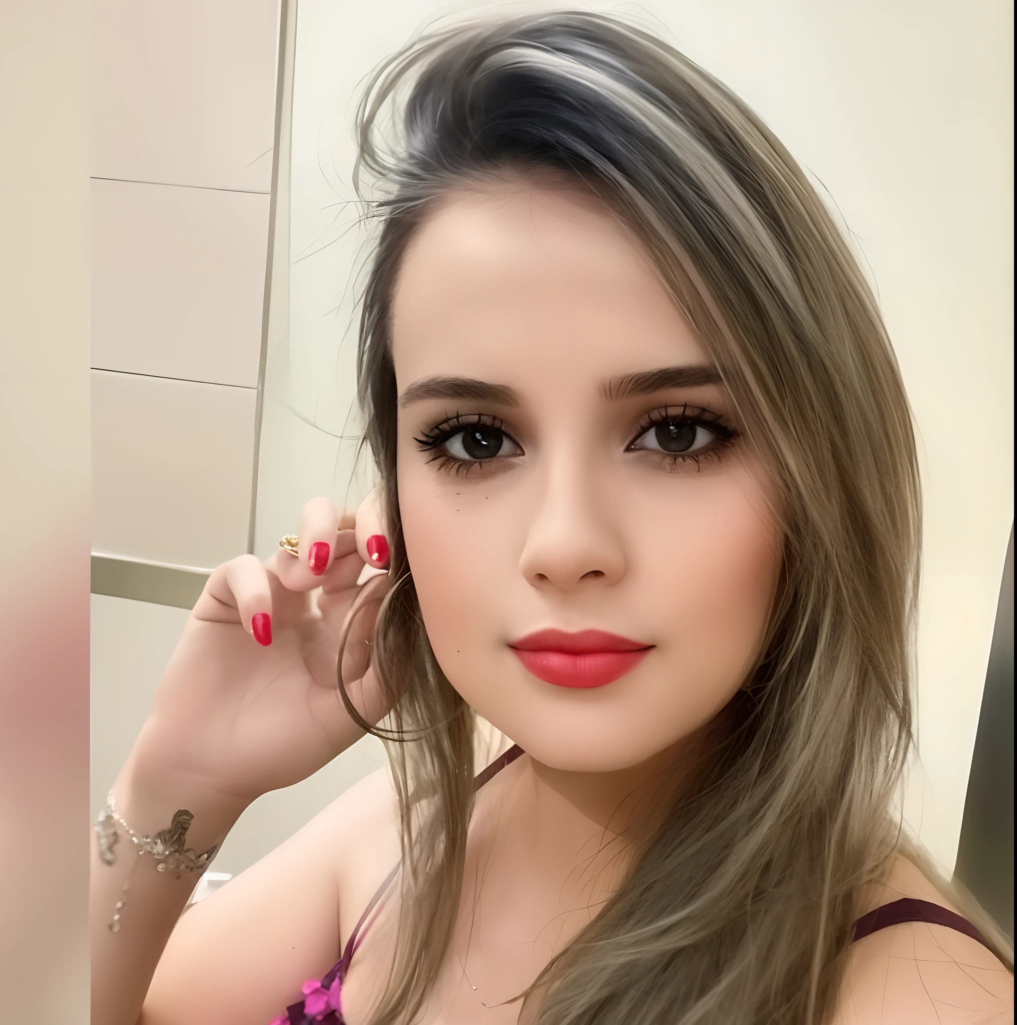 um close up de uma mulher com cabelos longos e um batom vermelho, 21 anos, 18 anos, 2 2 anos, 2 3 anos, 19-year-old girl, 2 4 anos, cara bonita, 1 6 anos, rosto sexy com maquiagem completa, 20 anos, 2 0 anos