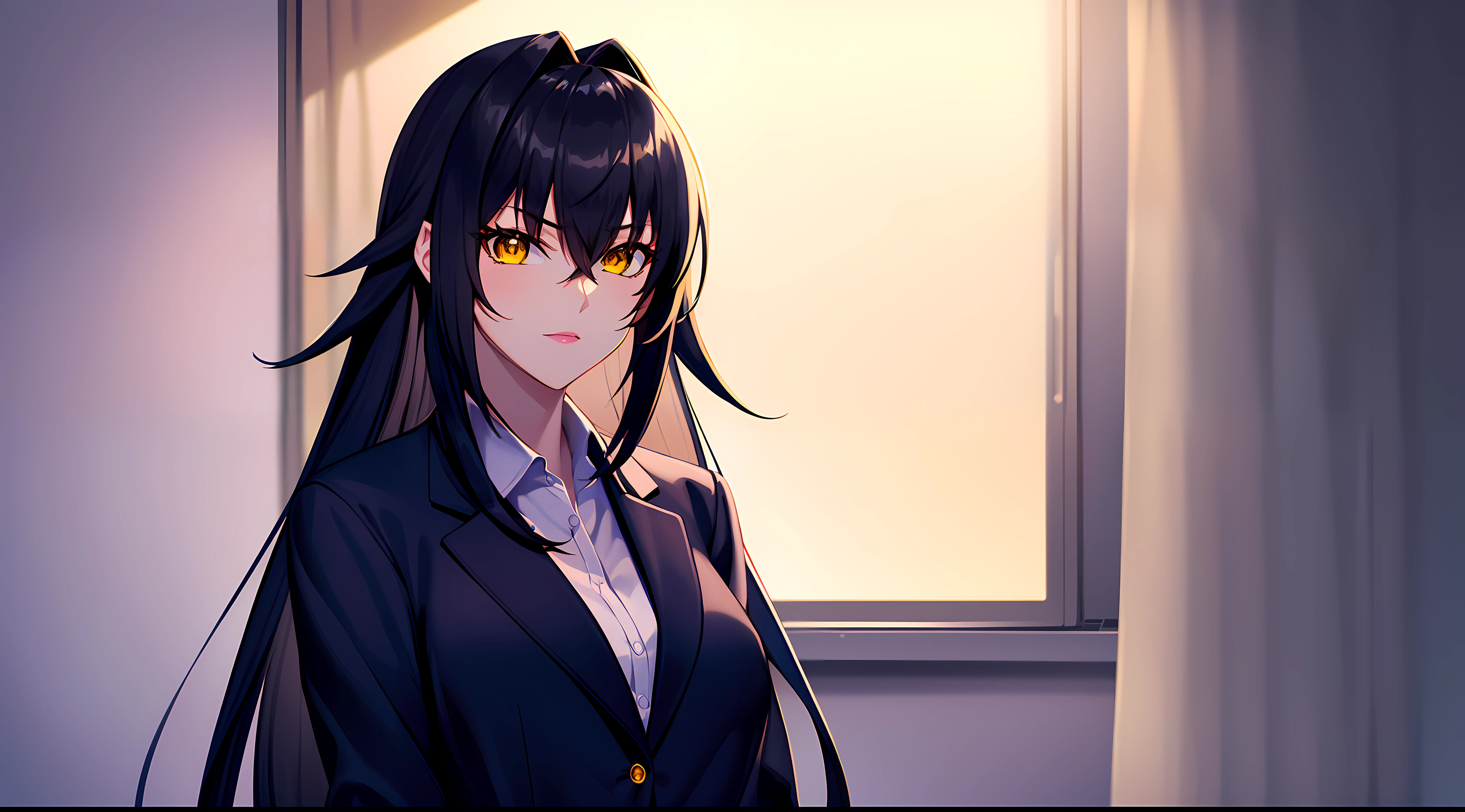 professional artwork, Intricate Details, field of view, sharp focus, detailed painting, photorealistic lighting, trending on pixiv,(masterpiece:1.0),(best_quality:1.0), ultra high res, ultra-detailed, photography, 8K, HDR, highres, absurdres:1.2, Kodak portra 400, film grain, sharp focus, bokeh:1.2, lens flare, (vibrant_color:1.2), (((indoors, dark night district))), Annerose, 1girl, female mature, ((long hair, full black hair:1.4)), (yellow eyes), large breasts, ((formal clothes, office suit:1.4)), soft skin, hair intakes, (solo:1.4), (upper body, half body shot), confident, energetic