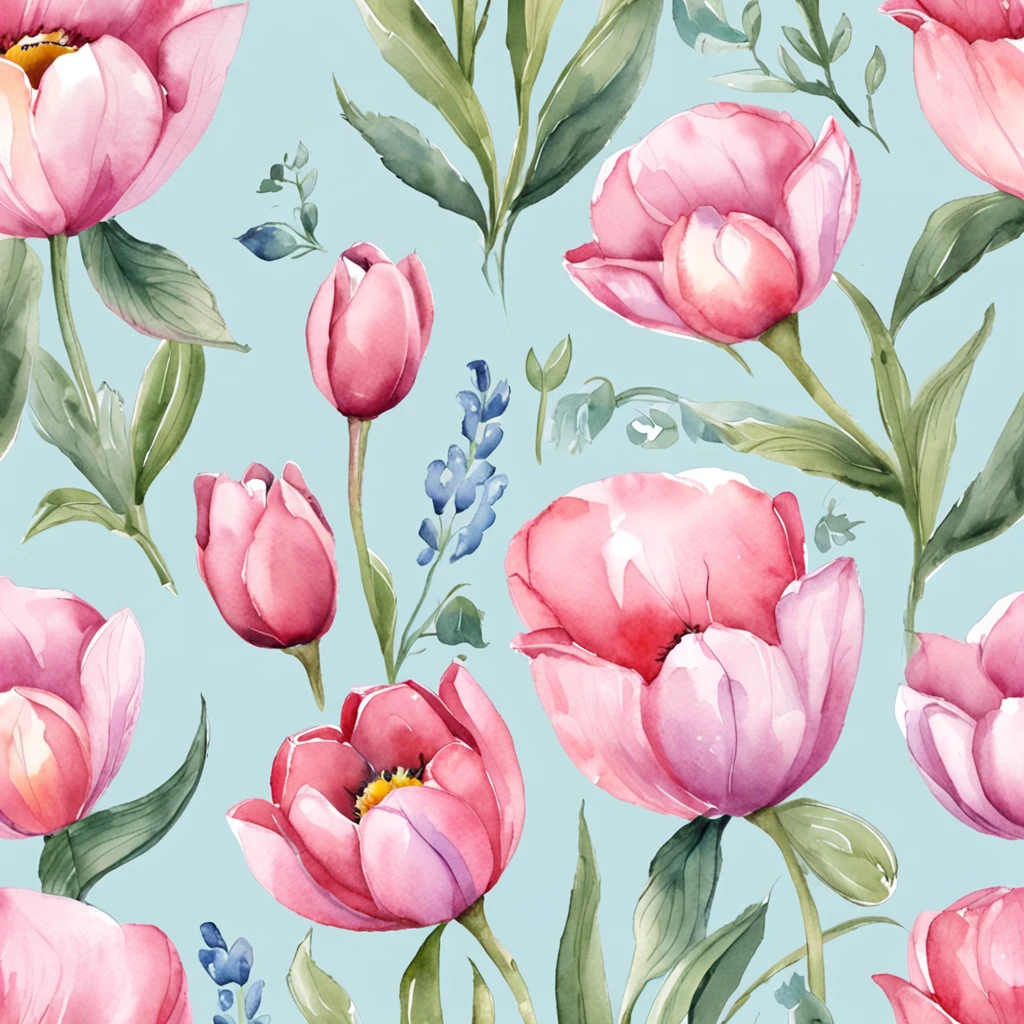 Top quality floral pattern, Cute lovely pink bud tulips、Light light blue background