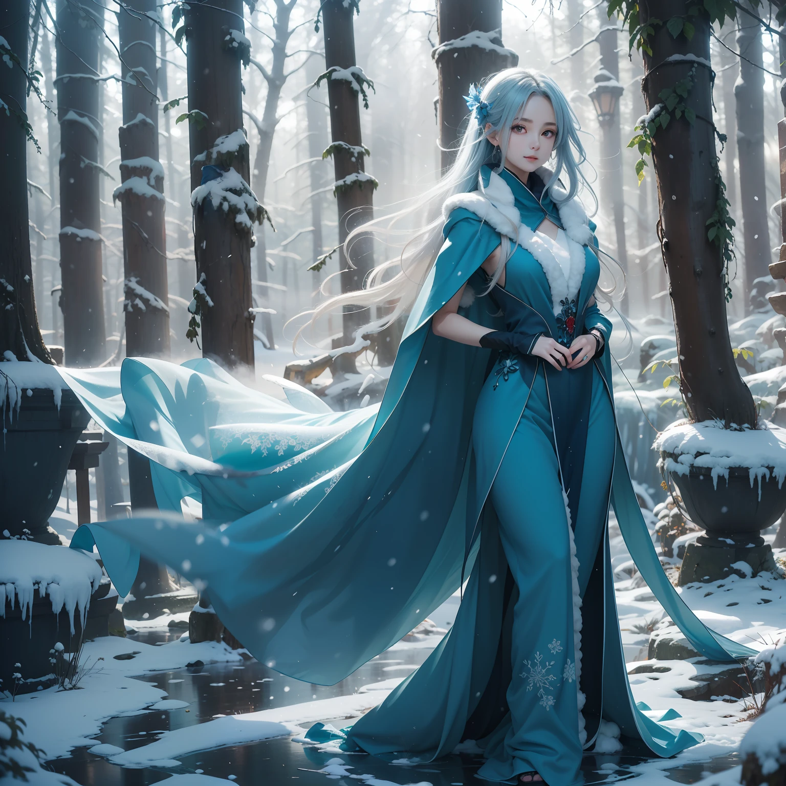 "An angelic anime girl with long, flowing white hair, captivating red eyes, and elegant blue wings. She is dressed in a beautiful blue gown, standing in a serene winter forest. She wears a winter cape, and there is a gentle mist surrounding her."