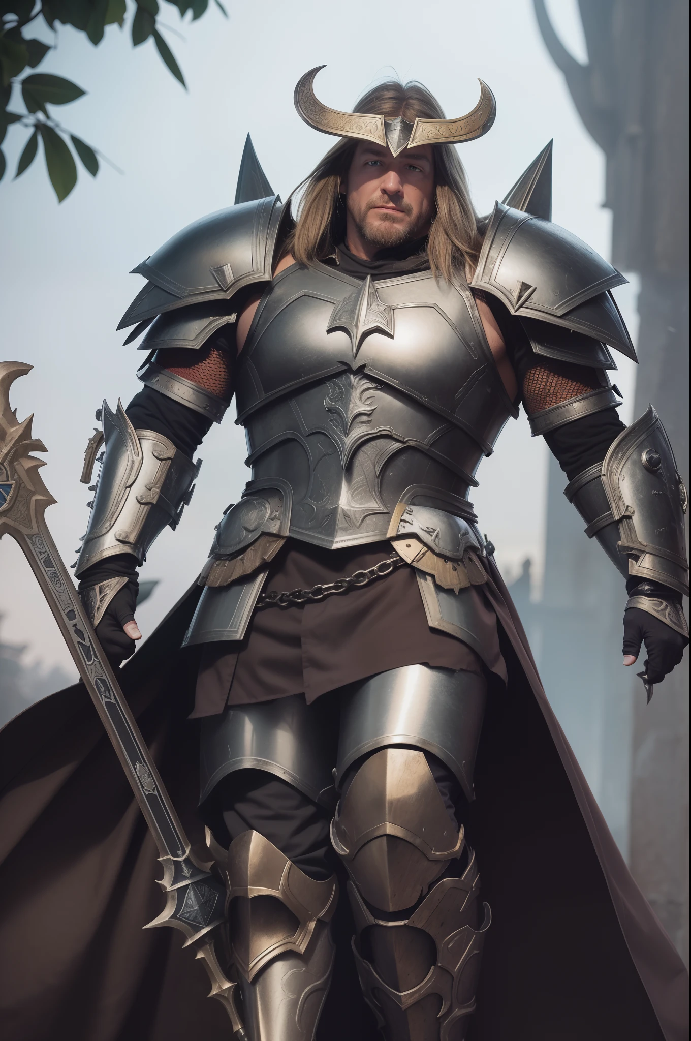 (leman russ:1.5,lich king armor:1.3,),Un primer plano de un hombre con un leviatan hacha, Cabello engarzado en Warhammer 40 k, Modelo Warhammer 40k, Warhammer Fourty K, with Leviathan axe, Caballero de la Muerte, Martillo de guerra, (Leman Russ:1.3), hiper detallado, Dressed in more worrisome armor, Caos marino, Warrior in metal owl armor, vigo the carpathian, Imagen de un guerrero adulto