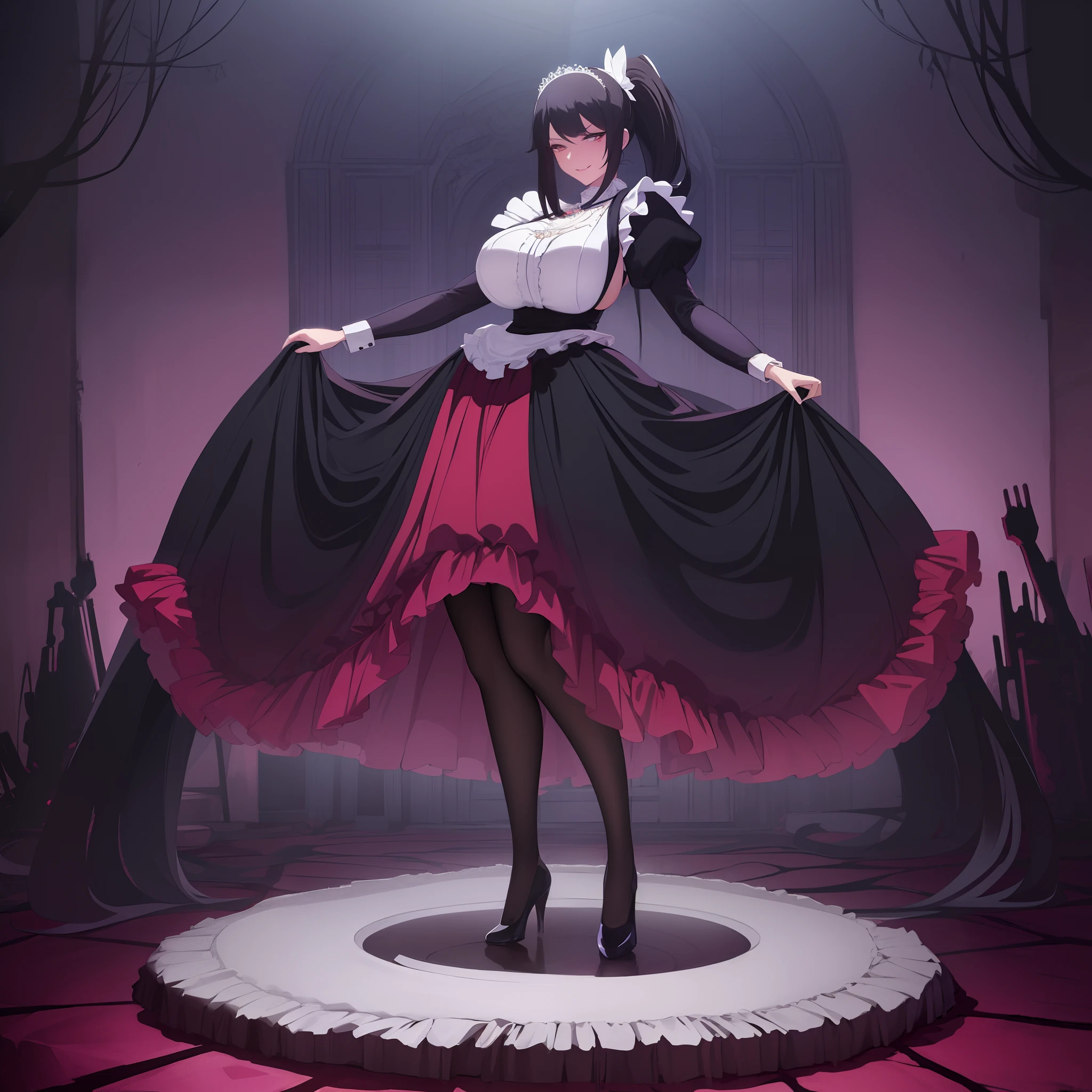 ((Anime Art Style)),(masutepiece),(Best Quality), (Super Detail),((Very delicate and beautiful)),Focus on character,Dynamic Angle,Looking at Viewer,((Solo)),Standing,(((Full body))),((Evil cute little woman in voluminous skirt and gorgeous maid clothes)),Detailed face and eyes,(nefarious smirk),Eyes Like Gems,((Very Long voluminous Hair)),gorgeous embroidery and lace,See-through,ornate ruffles,Gorgeous jewelry ornaments,luxury hair ornament,luxury and evil tiara with jewels,(huge-breasted,Long breasts),Full body,((evil and dark atmosphere)),Full body,(((Voluminous skirt and gorgeous ponytail)))