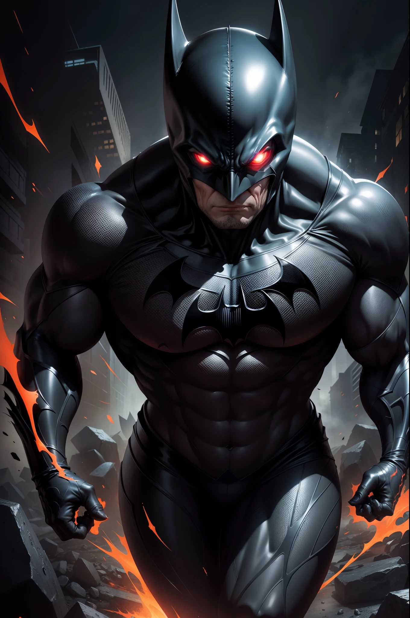 "Symbiote-infused Batman embracing his dark power, exuding a sinister aura with glowing red eyes and a black, liquid-like suit. Showcasing intense action and dynamic poses, capture the essence of his symbiotic transformation in a high-quality, detailed CG artwork."