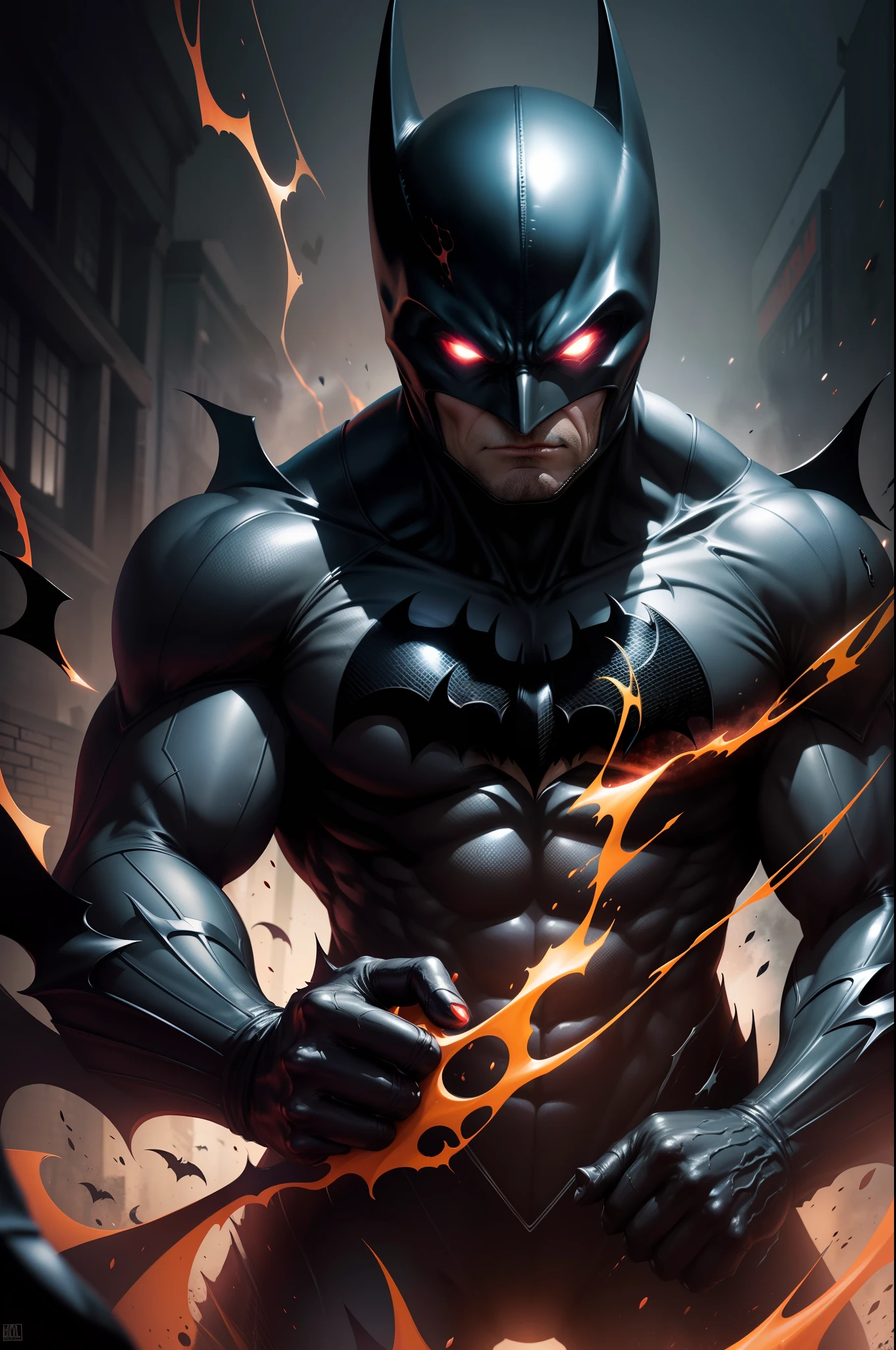 "Symbiote-infused Batman embracing his dark power, exuding a sinister aura with glowing red eyes and a black, liquid-like suit. Showcasing intense action and dynamic poses, capture the essence of his symbiotic transformation in a high-quality, detailed CG artwork."