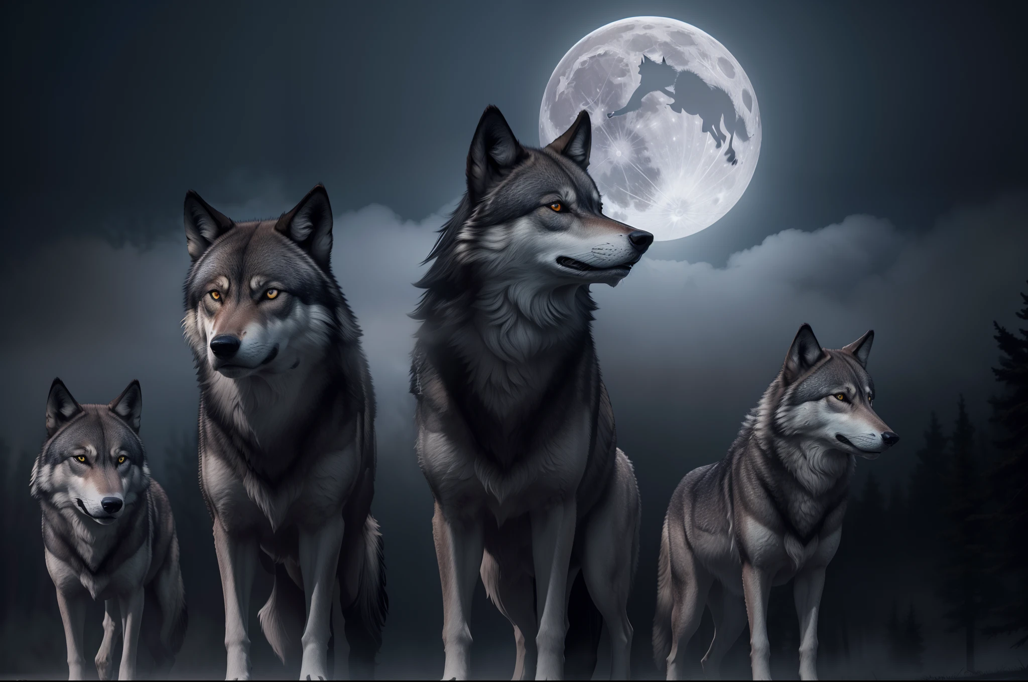 Generate an ultra-realistic, photographic image in 8k resolution capturing a pack of wolves, their intricately detailed faces holding a gaze that seems to peer into the depths of the soul. The scene is set during the shadowy night of a full moon, with a misty fog hanging in the air, evoking an atmosphere of darkness.