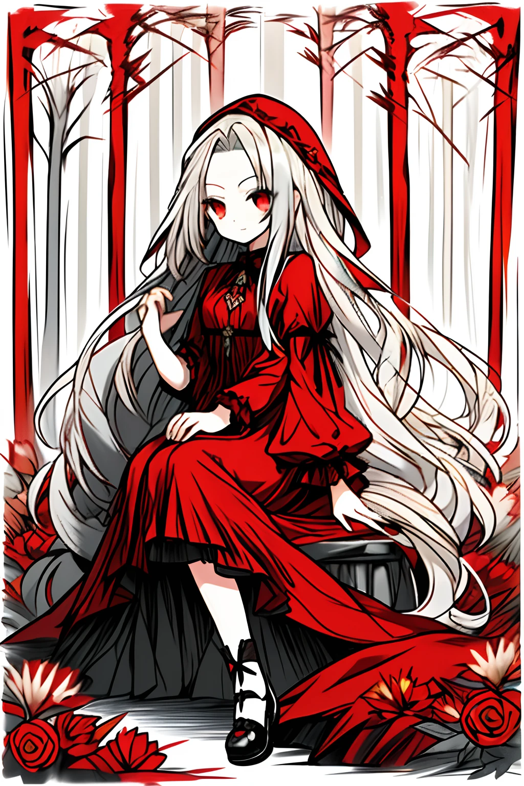 1 girl, forest scape, Long hair, Blood Clan，goth loli，Silver hair, long whitr hair, Forehead, Young, Small breasts, Lovely dress, red color eyes,Red flowers, Soft smile, Sitting,