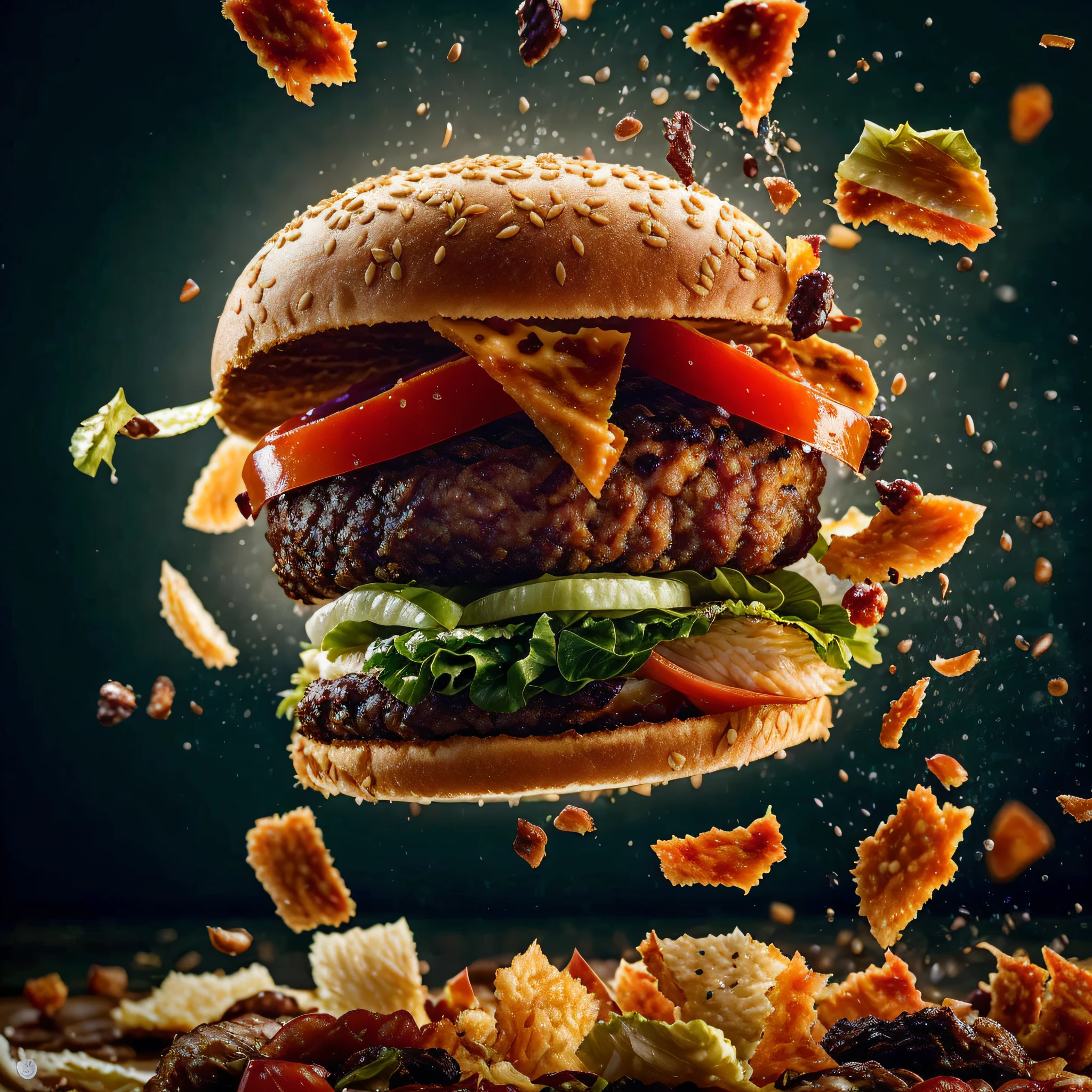 araffe burger with lettuce, tomato, cheese, and onion slices falling off of it, food commercial 4 k, super realistic food picture, super high speed photography, amazing food photography, high quality food photography, slow - mo high speed photography, high speed photography, food photography 4 k, 4k food photography, 4 k food photography, burger with a mouth