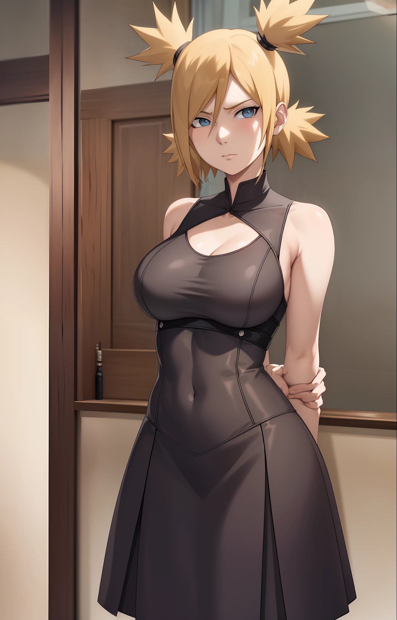 Meisterwerk, absurdres , (Komplizierte Details), (bunt),Filmische Beleuchtung,bust shot,extrem detailliertes CG Unity 8k Wallpaper,Lehrplan\(Boruto\), 1girls, mid large breasts, reifes Weibchen,geschlossene Augen,  Schreibtisch, stehend, Armstütze,  upper body,white tank top,skinny jeans,  Spaltung,  drinnen, Fenster, Sonnenlicht, show ,show breasts,half body,arms behind back