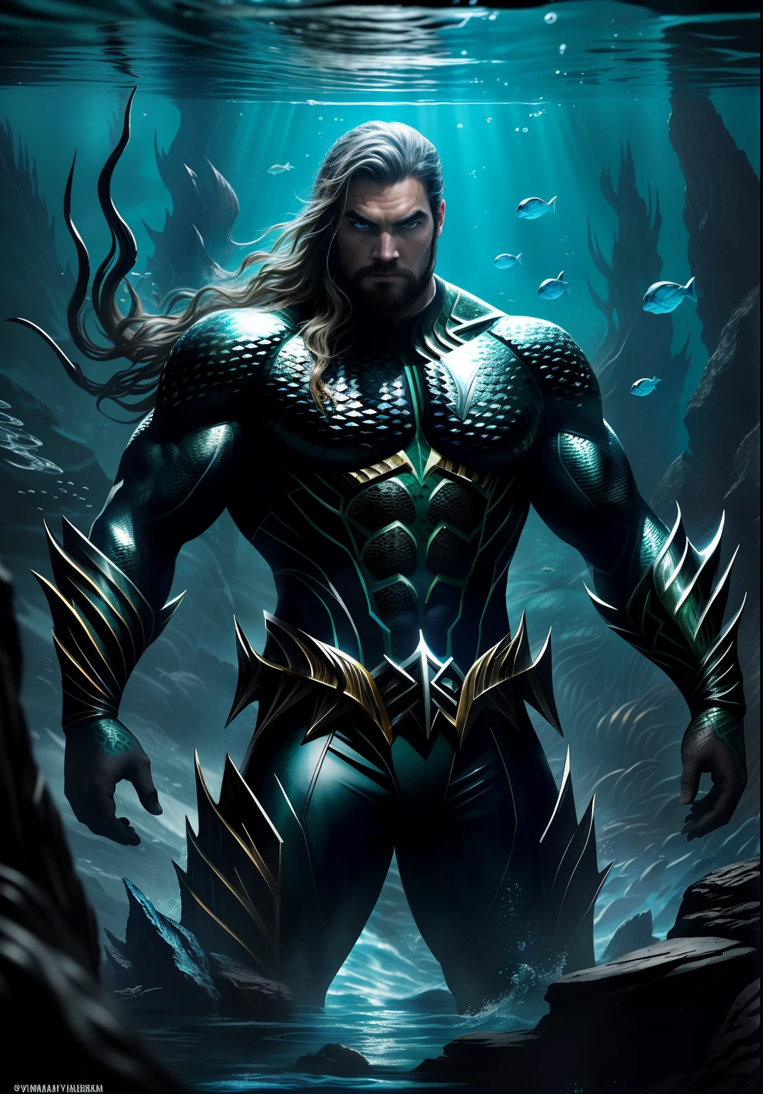 "Symbiote Aquaman: an epic and powerful fusion of Aquaman and a symbiote with intricate details, realistic textures, and stunning visual effects. Showcasing the symbiote's dark and mysterious nature, the artwork features dynamic poses, intense action, underwater elements, glowing eyes, and a mix of aquatic and symbiotic features. Transport the viewers to a world where Aquaman embraces the symbiote, creating a visually captivating masterpiece with high quality and attention to detail."