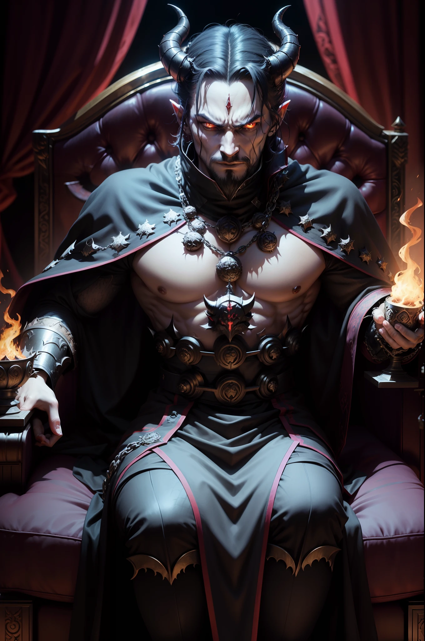 Castlevania Hyper Realistic Shadow Lord Super Detailed Dynamic Shot Master Piece of Lord Dracula Medieval Arab Warrior with Red Turban Scary Face Hokuto No Ken Structure Muscular Face Kenshiro sitting in his legendary Moroccan throne surrounded by demons and 3 scary demons Speaking of old reels Cinematic Scenes Epic Movie Hyper Realistic Movie Legendary Movie Epic Movie Epic Movie Epic Movie Epic Movie Epic Movie Enlarged Movie 3D Movie View Lower Angle