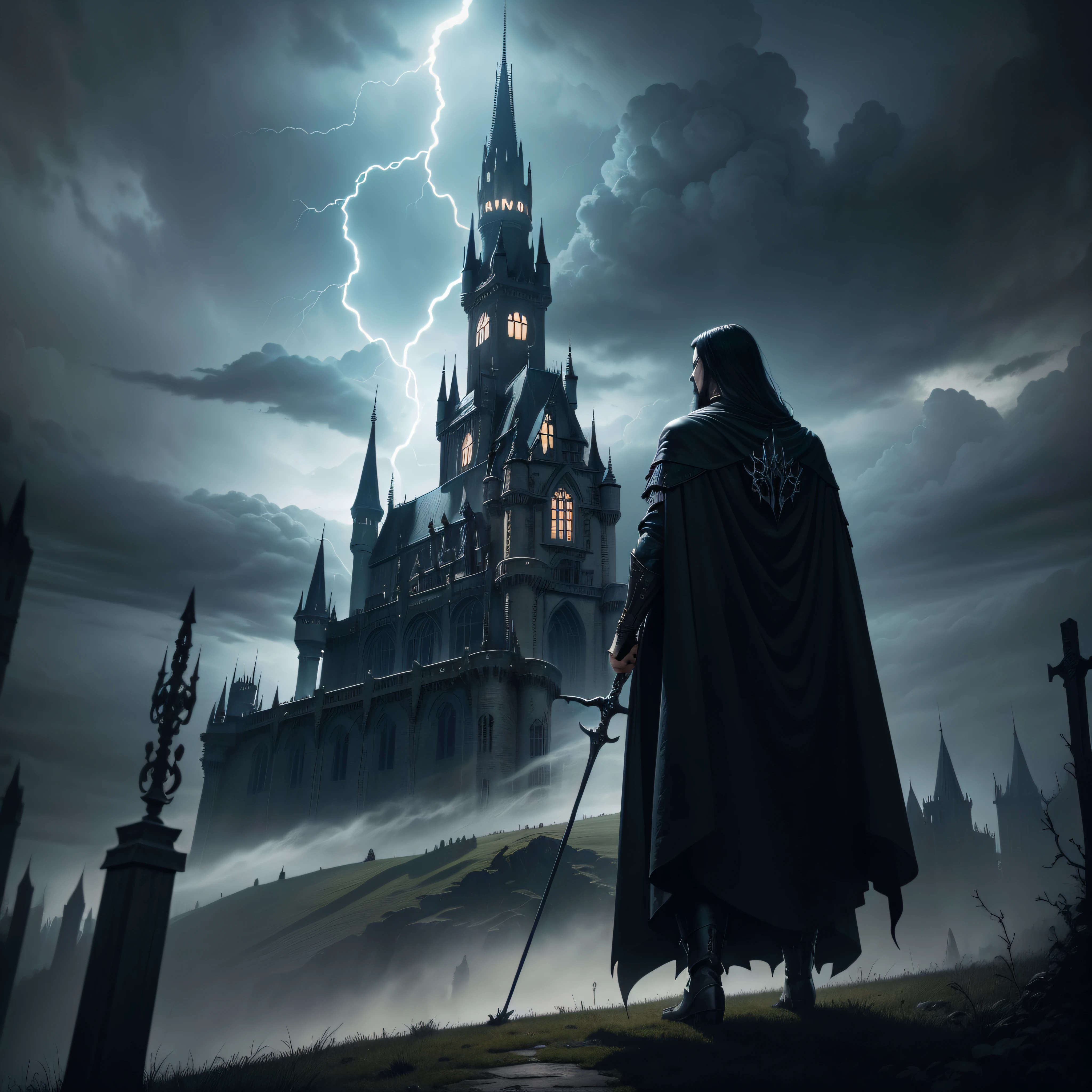 majestic castle in the distance with a mage near the camera holding his staff and scythe wearing a mystical mage cape with powers exuding powers with aggressive lightning falling from the sky with demonic mystical birds flying through the sky as he looks at the majestic castle of evil evil castle style gothic dracula's castle black metal album cover atmospheric black metal depressive suicidal black metal