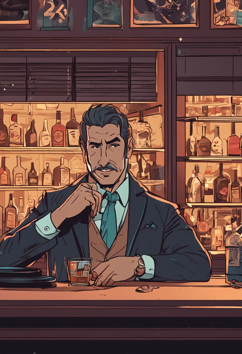 Personagem de anime, mafioso, homem, sentado em uma cadeira, dentro de um bar