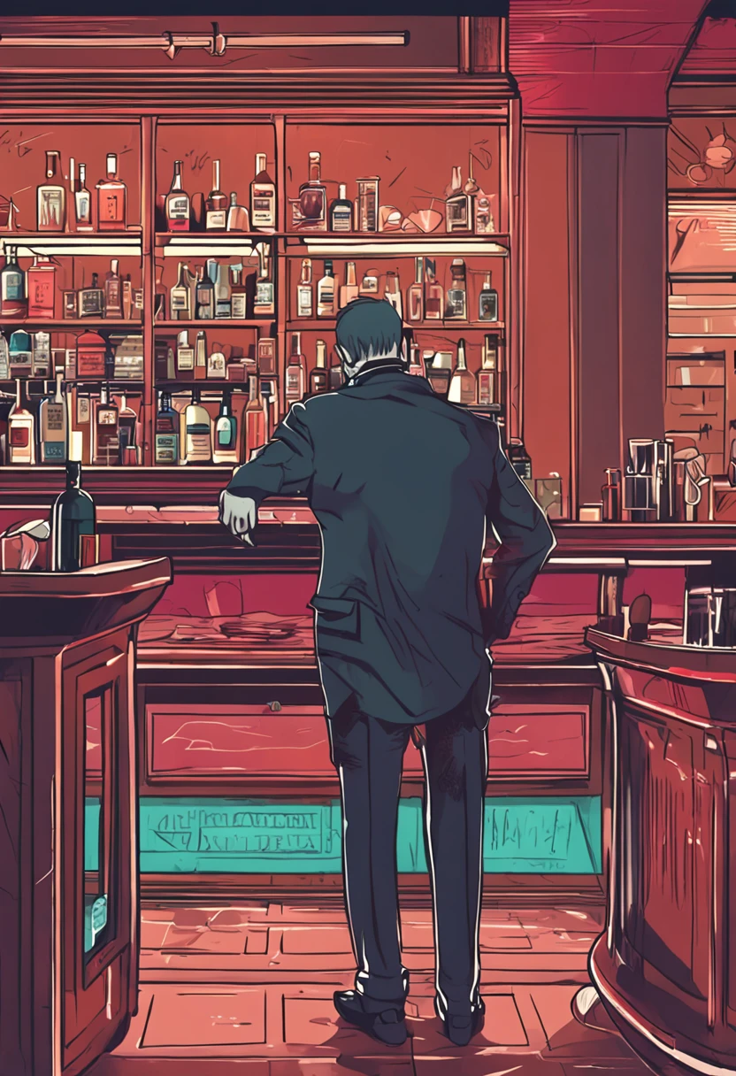 Personagem de anime, mafioso, homem, sentado em uma cadeira, dentro de um bar