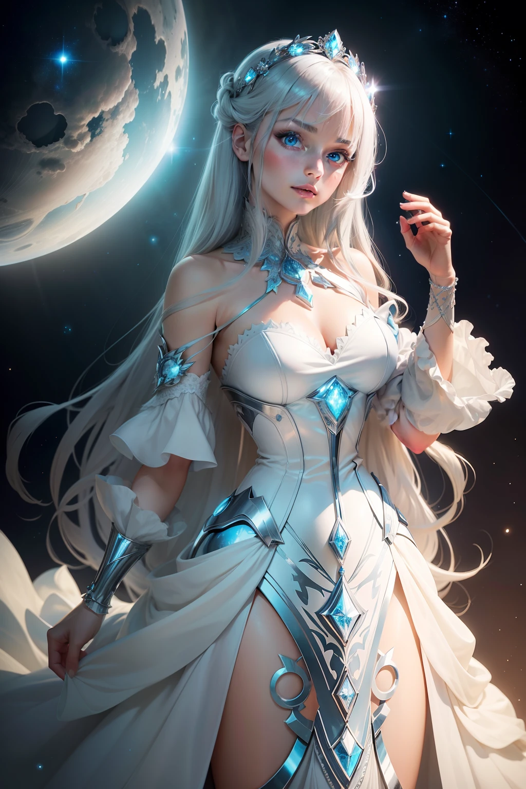 A silver-haired, blue-eyed and noble woman stood in the mirror，Has bioluminescence, face towards the sky,Wearing a long white noble dress，, sparkling hair, Wear celestial drapery, on  back, Look at beautiful surreal planets in the vastness of space, luminous, Surrounded by glittering clouds, stars, comets, and the Milky Way, With a fantastic vivid color scheme, -- Stylization, Anime abstract celebrities, Realistic, Cloud-like vectors,