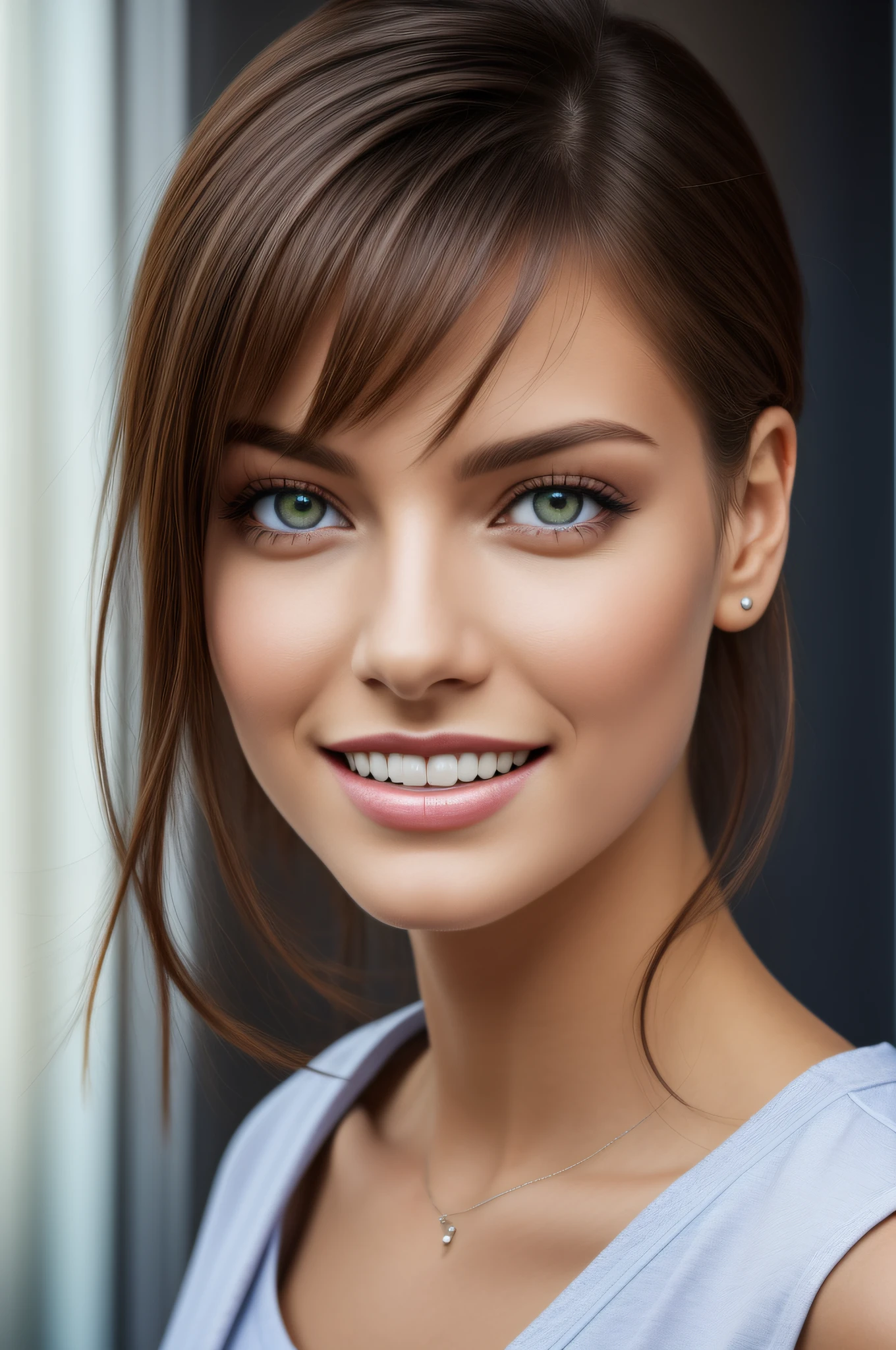 Model 22 Jahre alt, [[[[Nahaufnahme]]]], [[[[Brust]]]], [[[[Hals]]]], [[[[Schultern]]]], perfekte Augen, perfekt Iris, perfekte Lippen, tief blaue Augen, sehr kurze haare, perfekte haare, perfect teeth, perfekte Haut, weiches Frontlicht, Glow, HDR, (dim colors: 1,2)