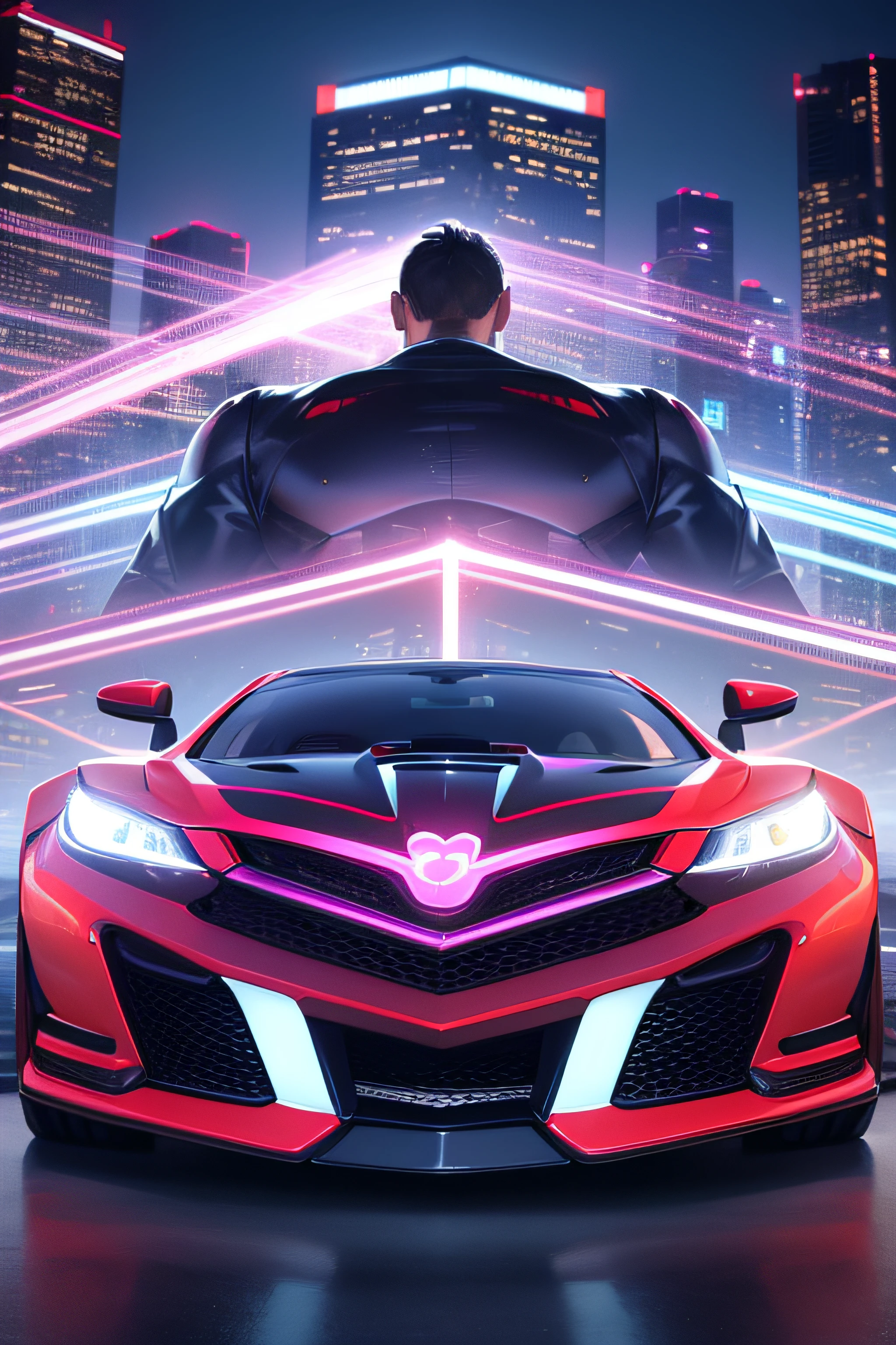 Generate an enticing image that captures the essence of MkMtrs: A fusion of virtual horsepower and artistic car modding. Picture an intricately customized GTA 5 car against a backdrop of futuristic city lights. Let the visuals rev up the excitement!, with a logo on top that contains (MkMtrs) text on it 🚗🌆 #MkMtrs #GTA5Mods
